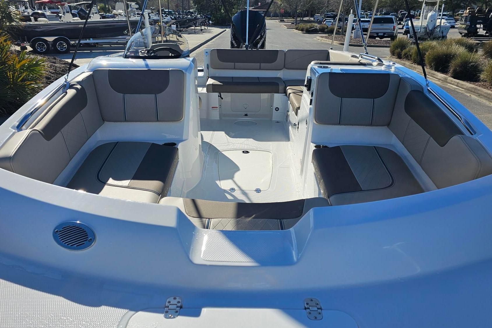 2026 Tahoe 2150 boat interior with spacious seating and modern design.