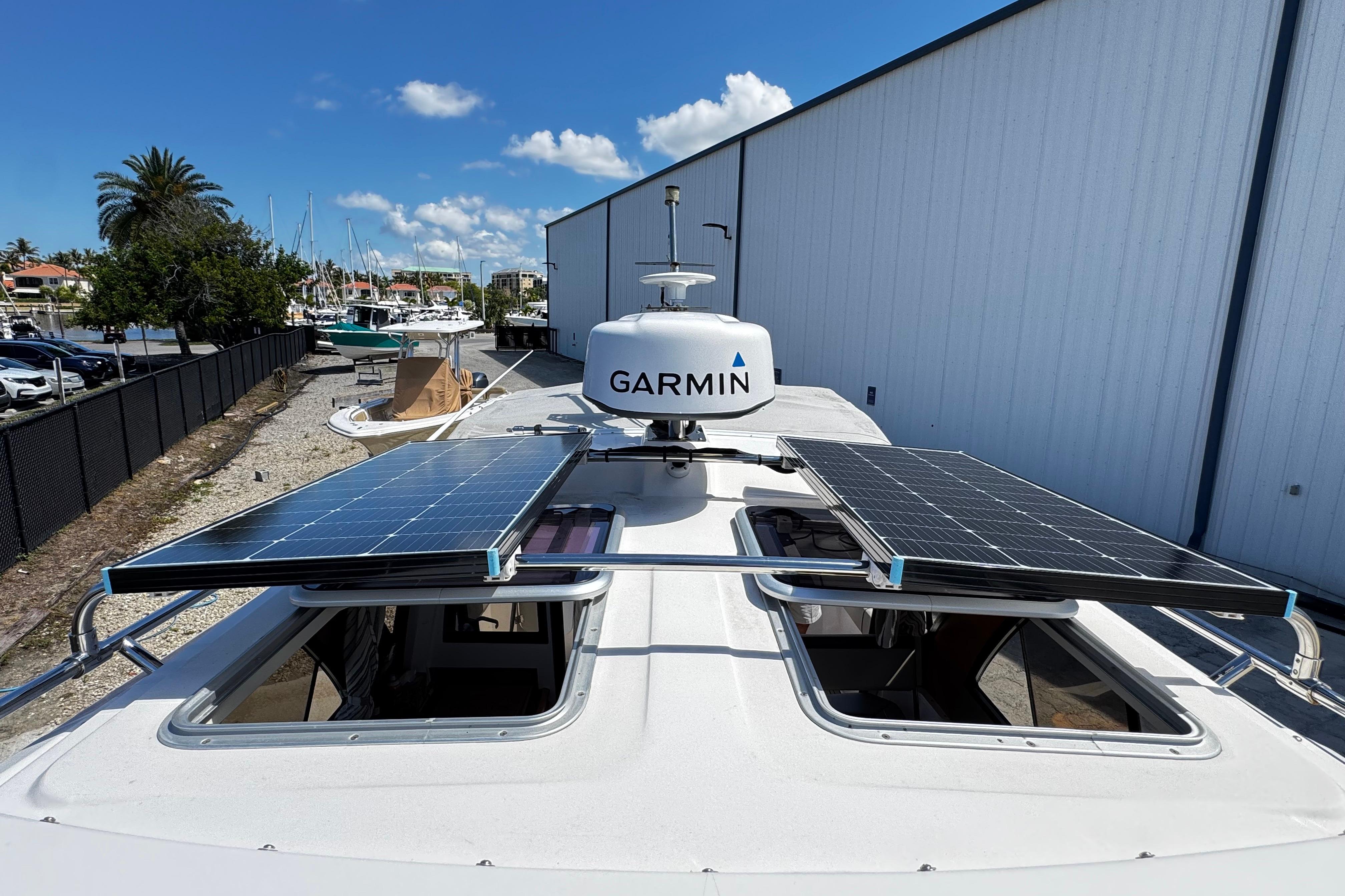 2022 Cutwater C-248 Coupe with solar panels and Garmin radar on the roof.