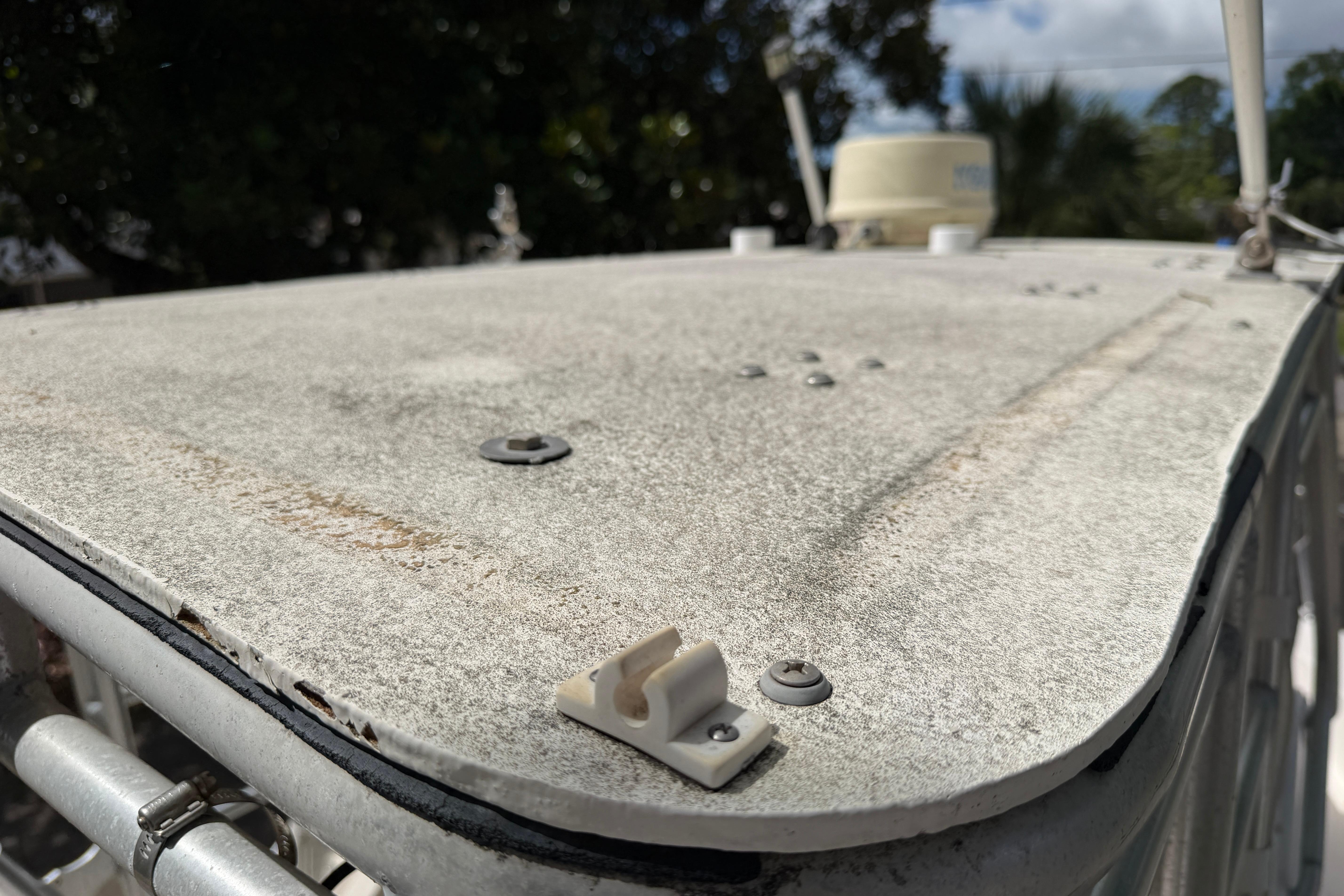 1987 Grady-White Seafarer 226 boat deck with visible wear and hardware.