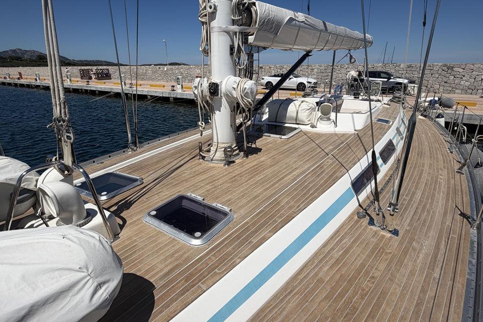 Deck view of 1996 Nautor Swan 60 yacht docked at marina.