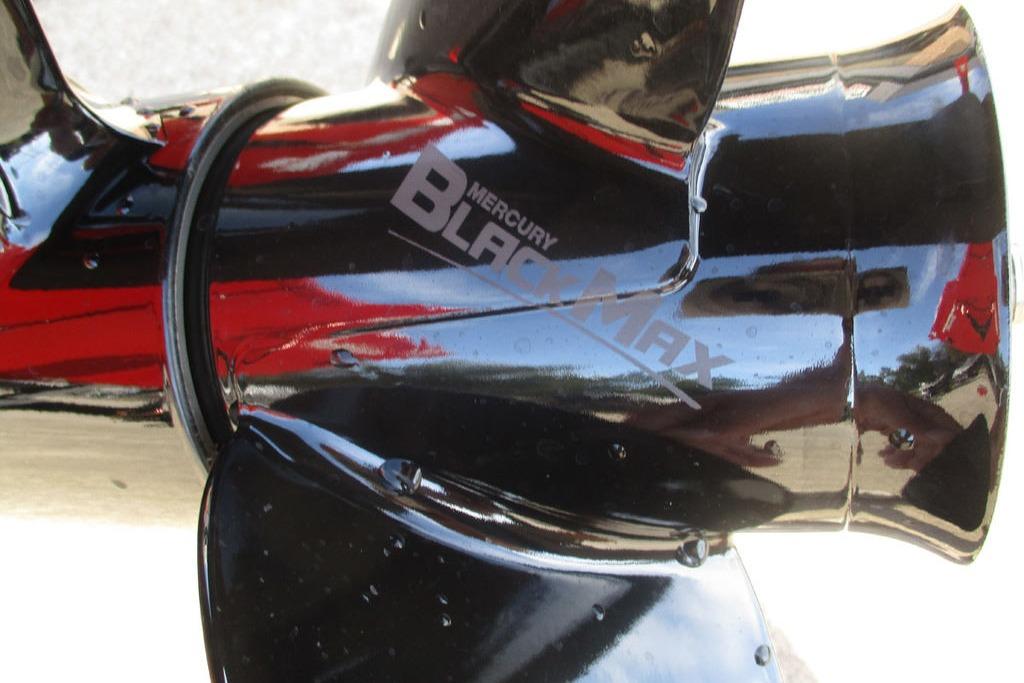 Close-up of Mercury Black Max propeller on 2026 Tracker Pro Team 175 boat.
