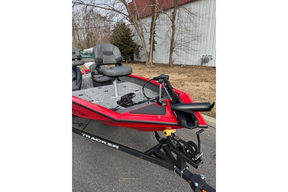 2026 Tracker Pro Team 175 Crappie Edition boat with red exterior and dual seats.