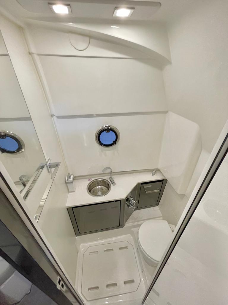Modern bathroom on Schaefer V33 yacht, year 2027.