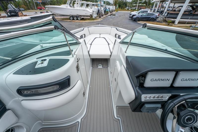 2026 Crowline 290 XSS boat interior with Garmin navigation, sleek design, and spacious seating.