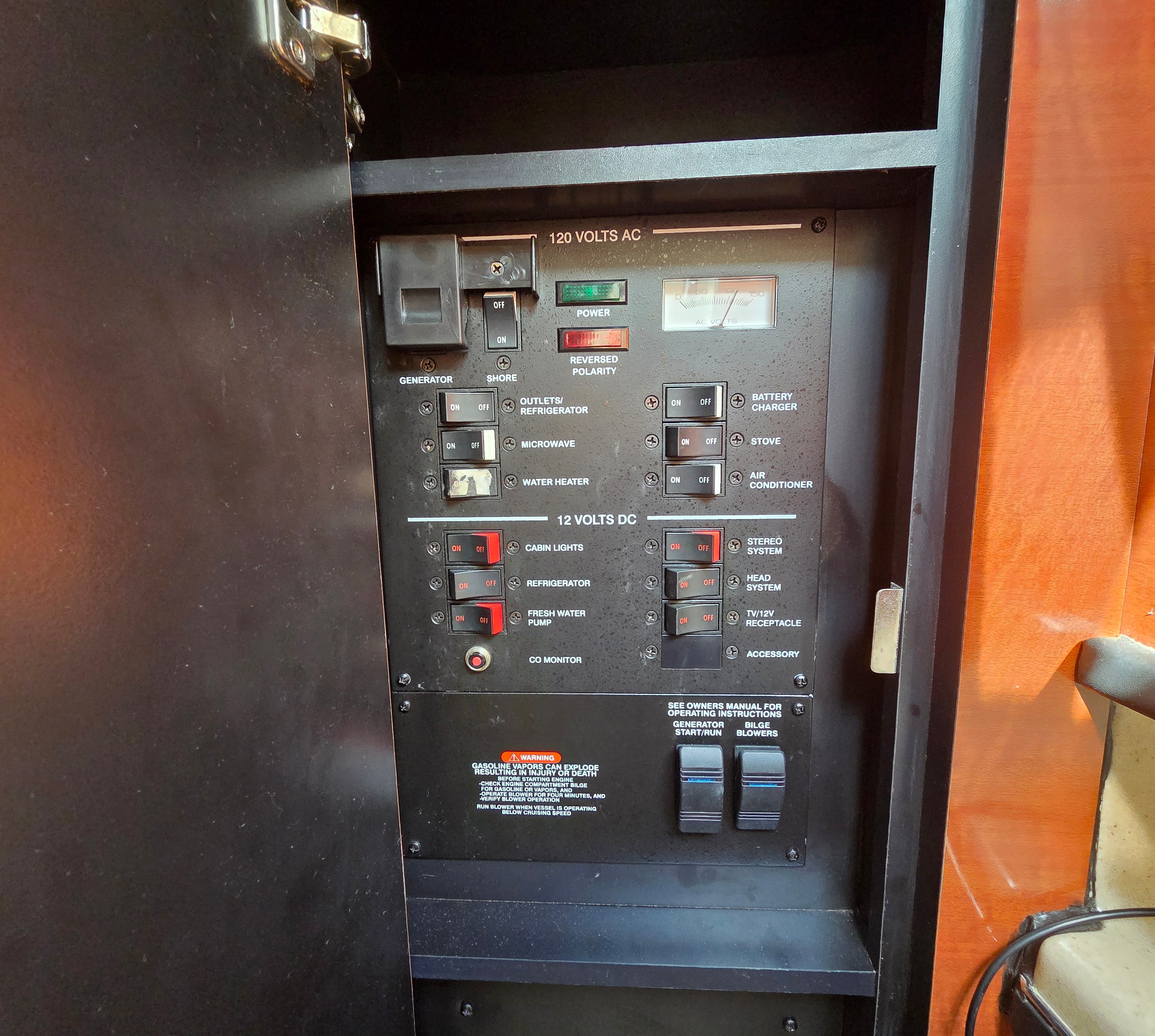 Electrical control panel inside a 2005 Sea Ray Sundancer 260.