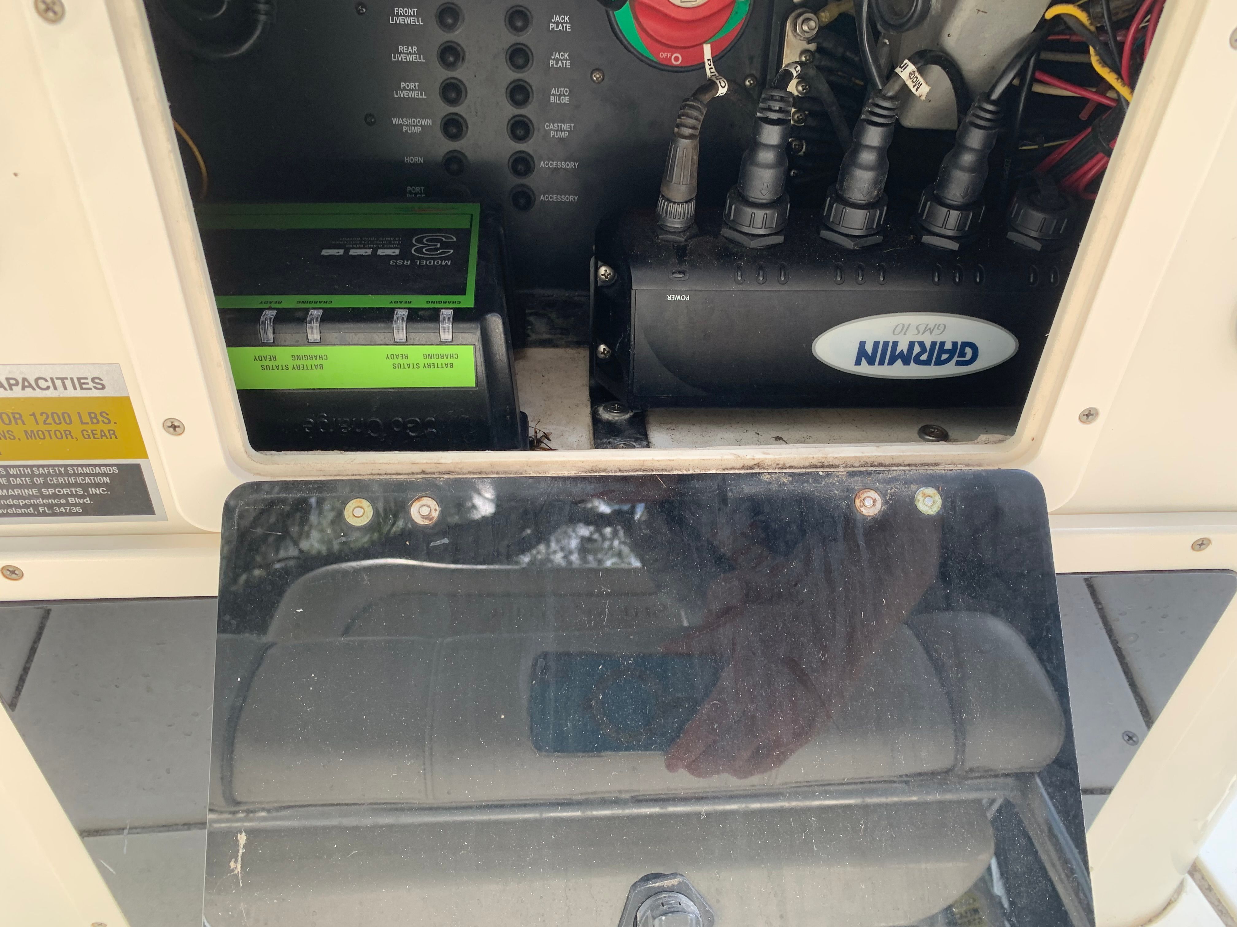 Electronics compartment of a 2007 ShearWater 23 LTZ boat.