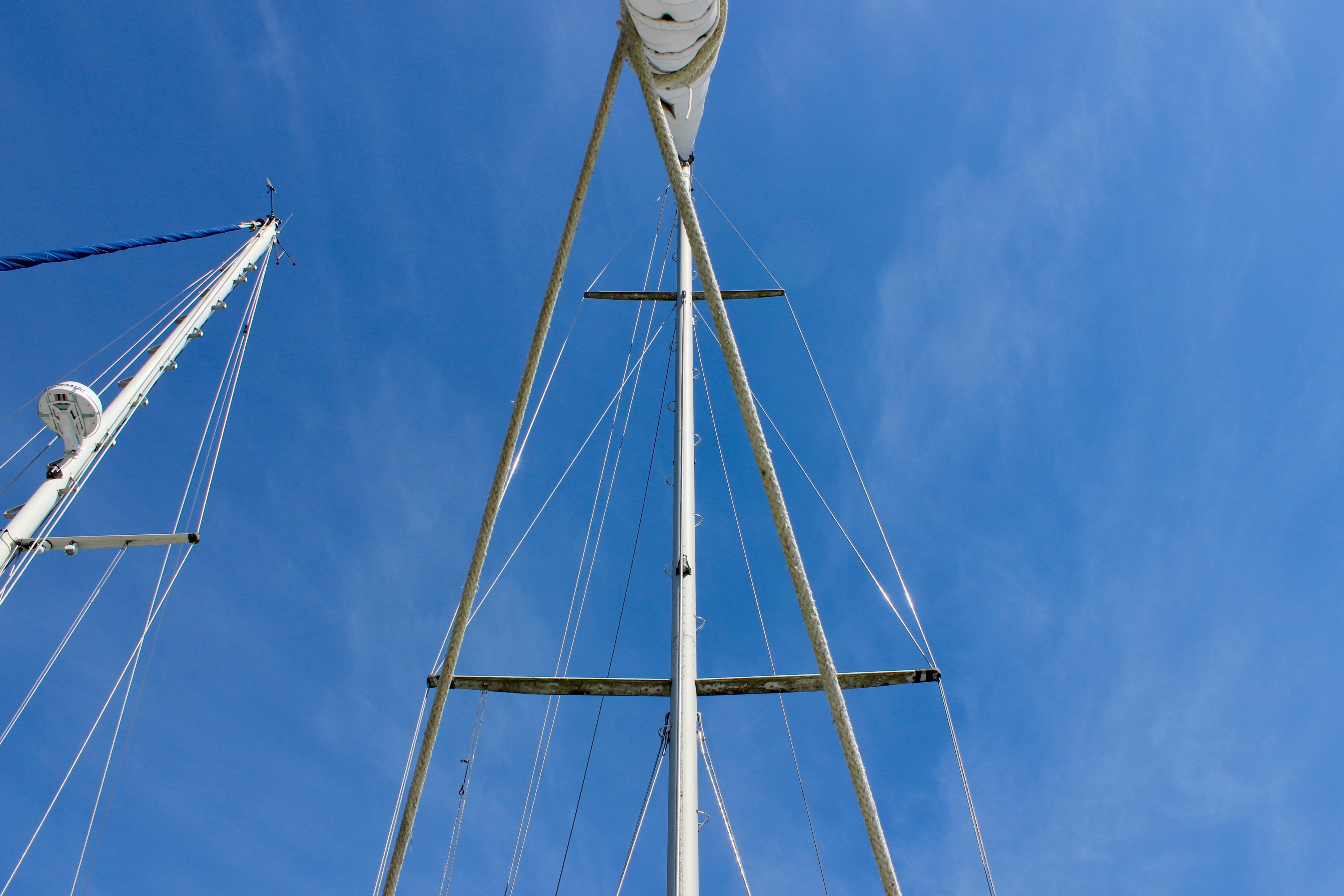Sailboat mast and rigging against clear blue sky, Freya 39, 1993 model.