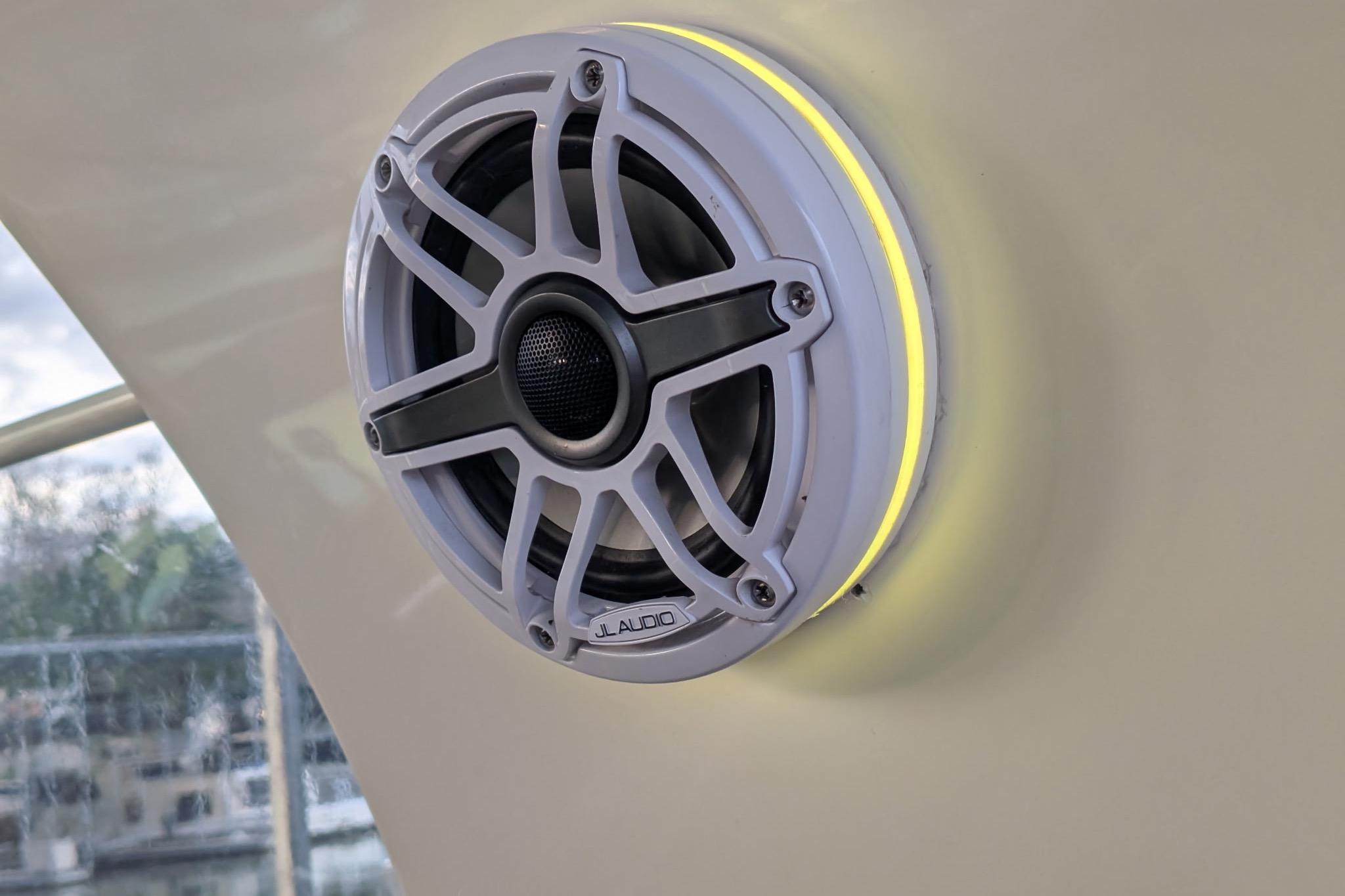 Marine speaker on 2002 Sea Ray Sundancer 320, featuring JL Audio design with LED lighting.