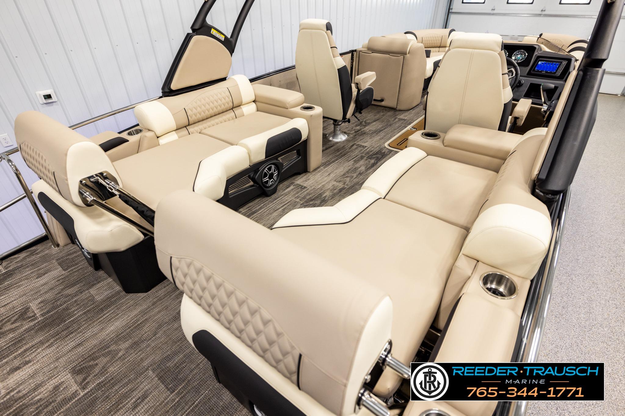 Luxurious 2026 Avalon CAT QLS pontoon boat interior with plush seating and modern design.