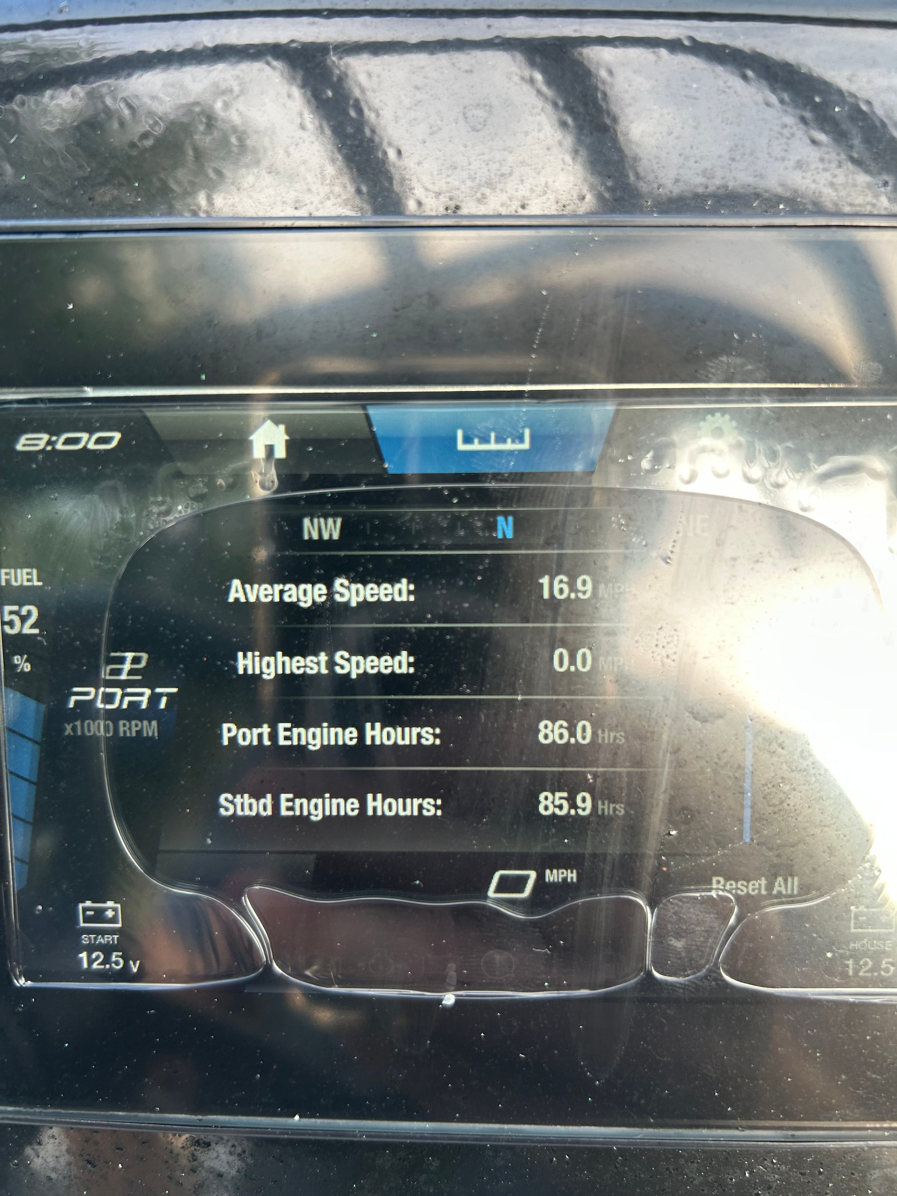 A Yamaha AR220 boat instrument displays speed and engine hours.
