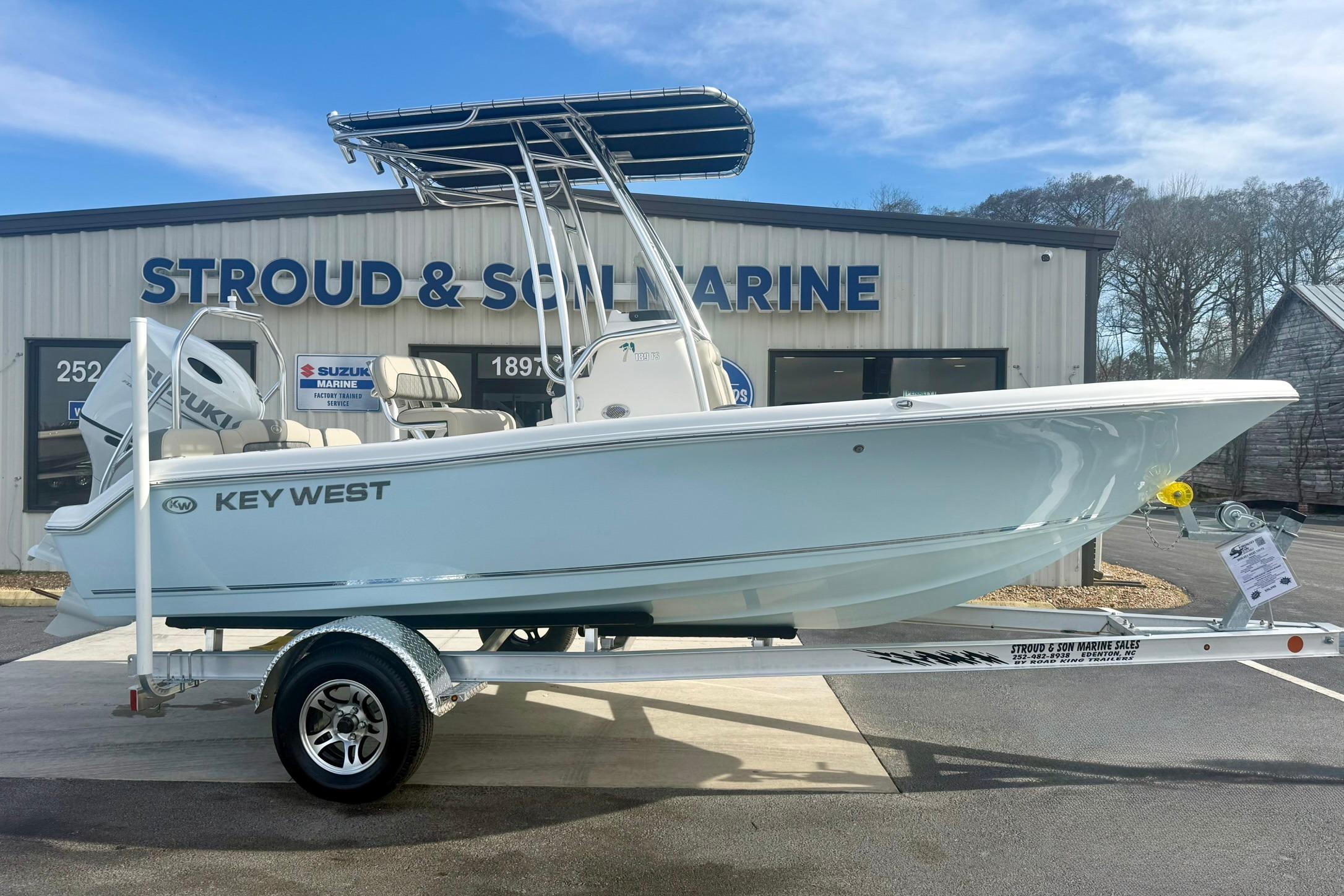 2026 Key West 189 FS boat on trailer at Stroud & Son Marine dealership.