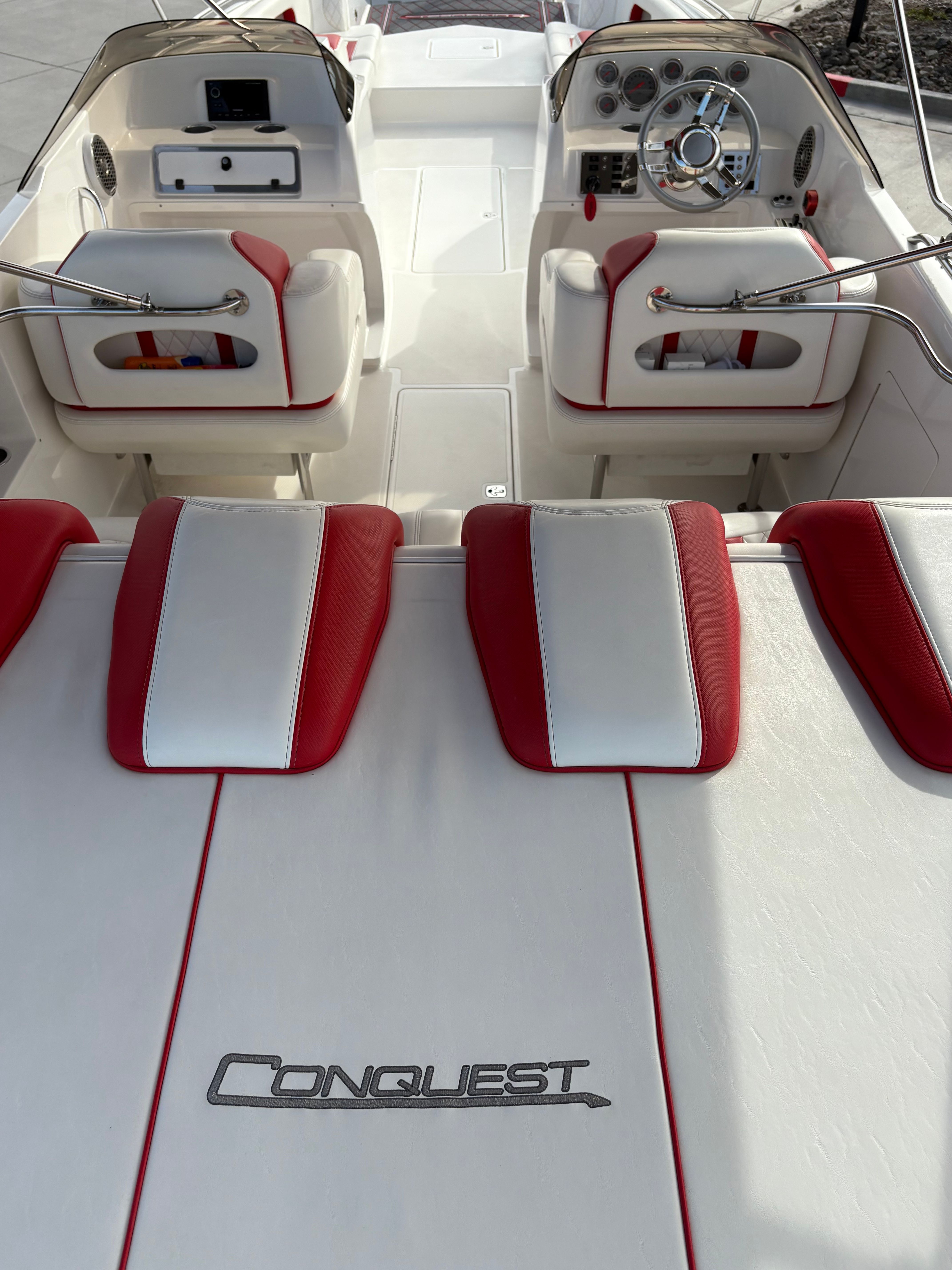Interior of 2022 Conquest 28’ Top Cat II Deck Boat.