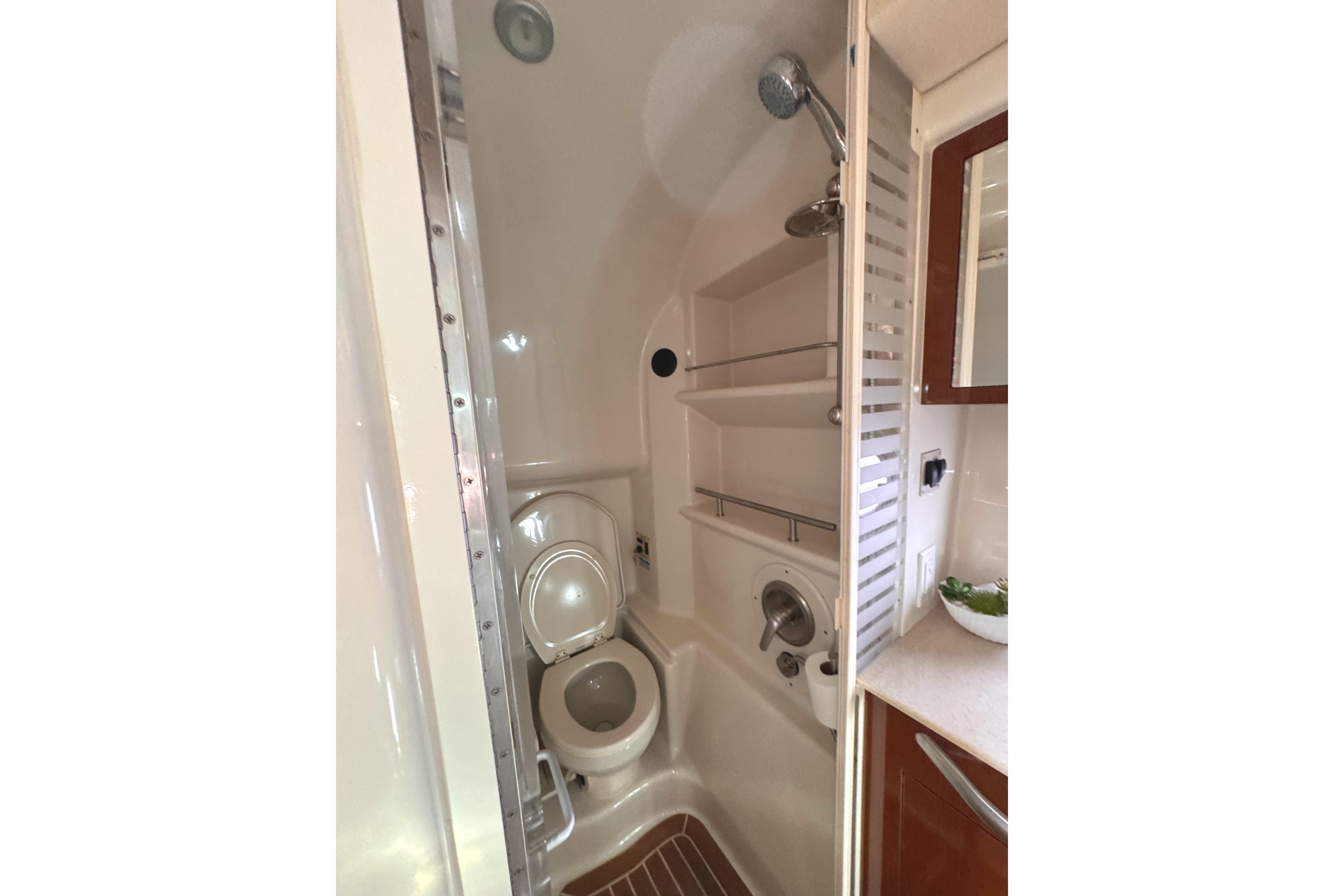 Compact bathroom in 2008 Sea Ray Sundancer 350 yacht with shower and toilet.