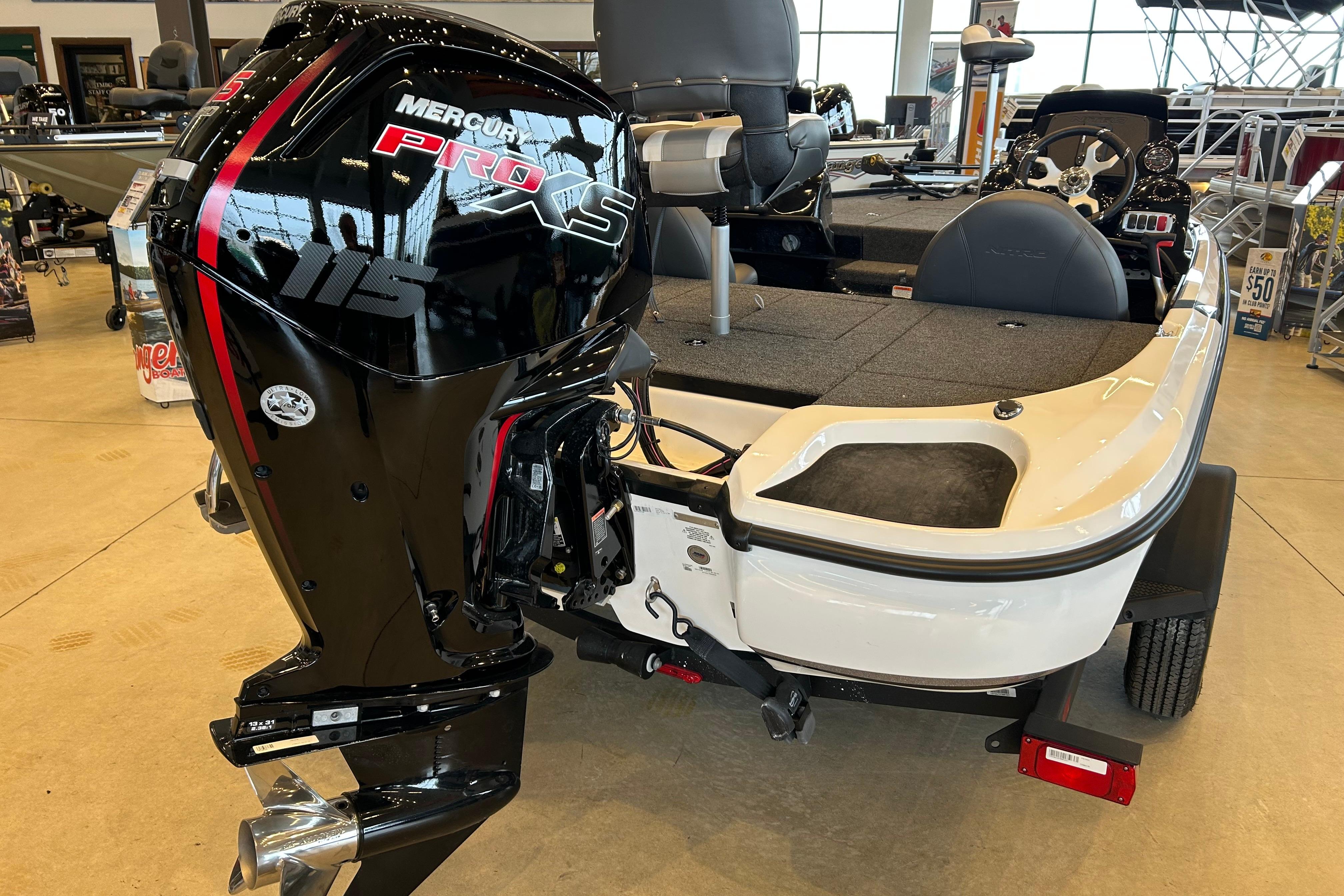 2026 Nitro Z17 boat with Mercury Pro XS 115 engine in showroom.