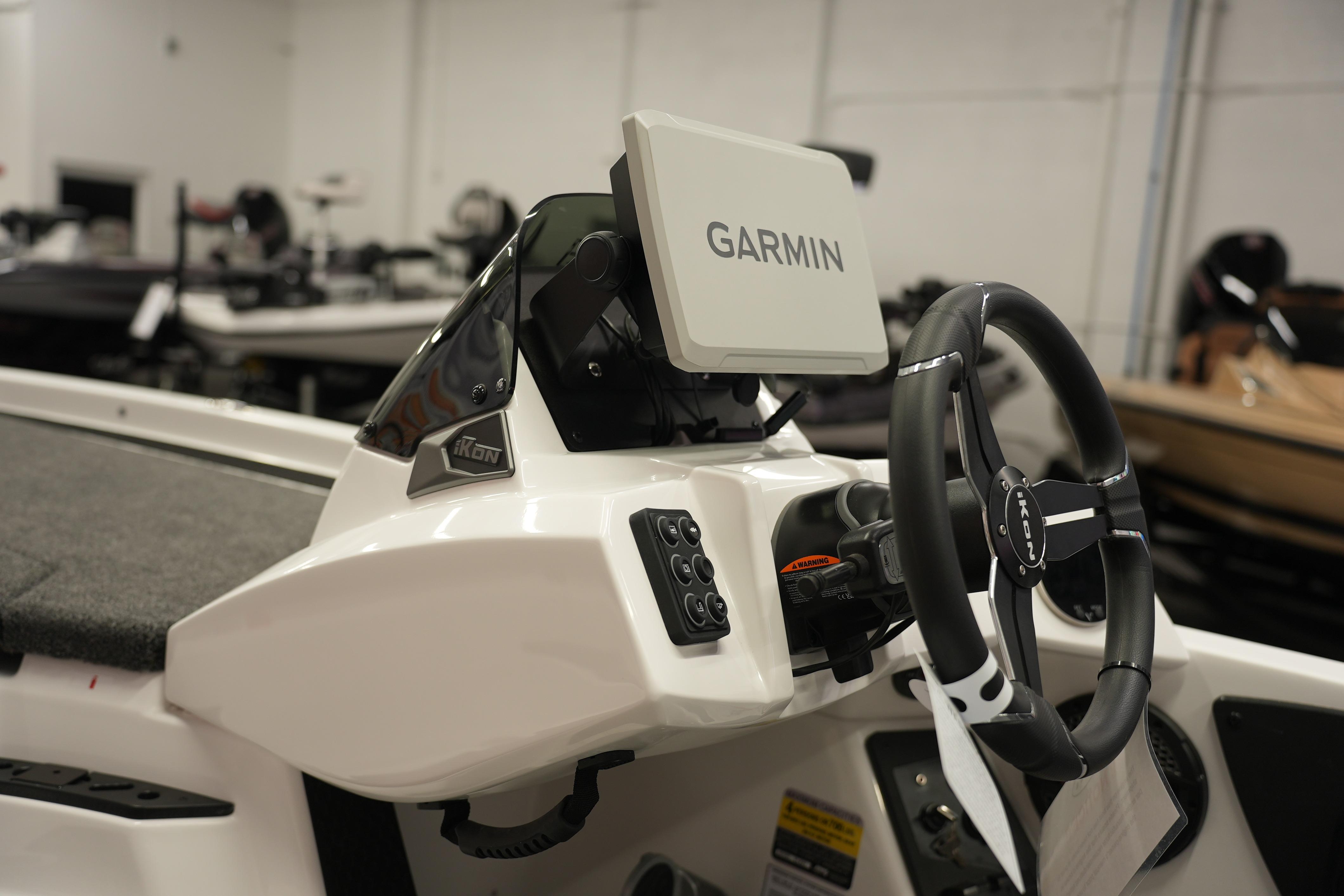 Steering console of 2026 iKon VLE21 boat with Garmin navigation system.