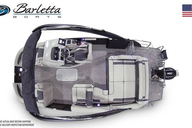 Aerial view of Barletta Corsa 23UA pontoon boat, 2026 model.