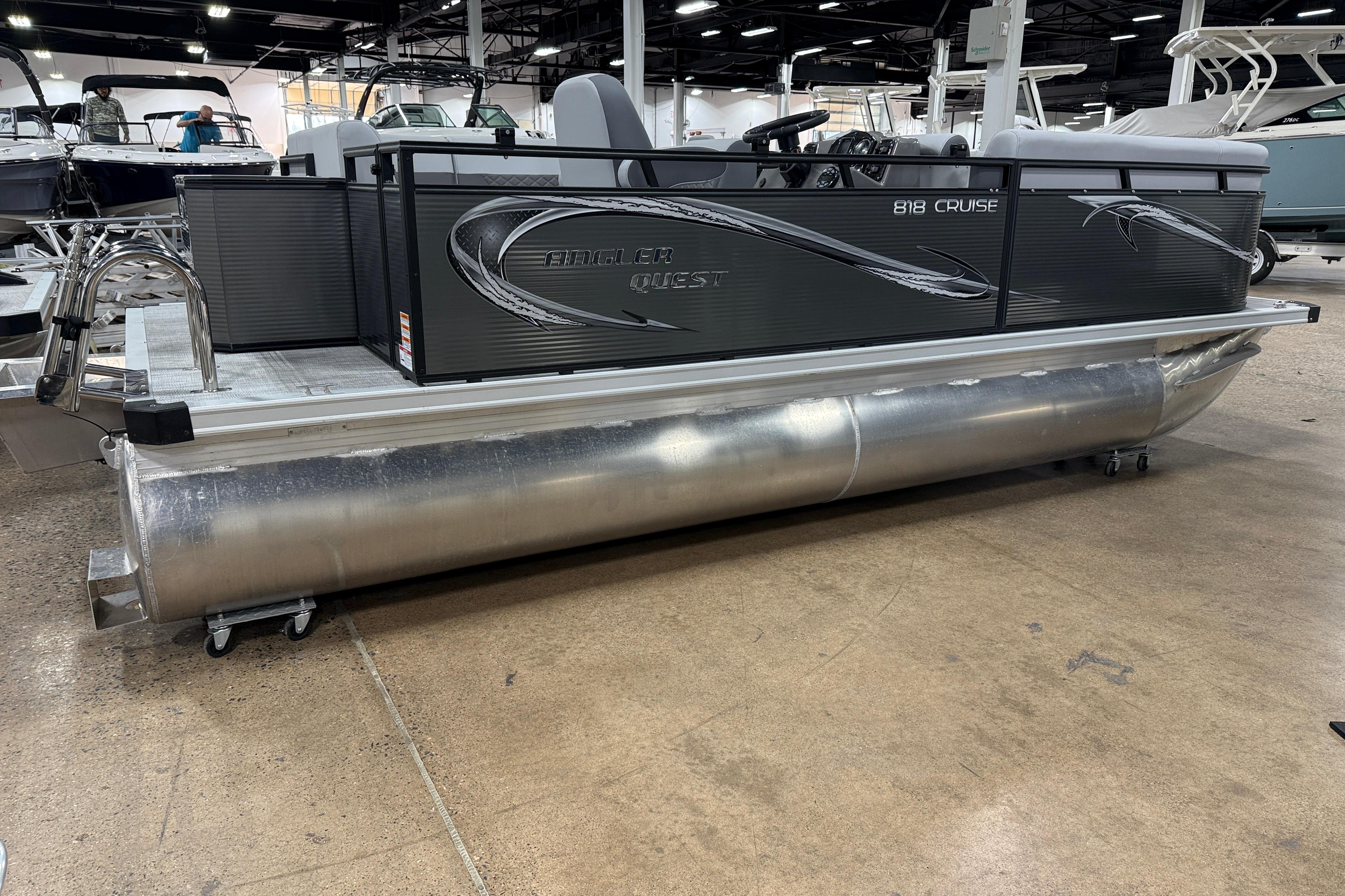 2026 Angler Quest 818 Panfish Cruise pontoon boat displayed indoors.