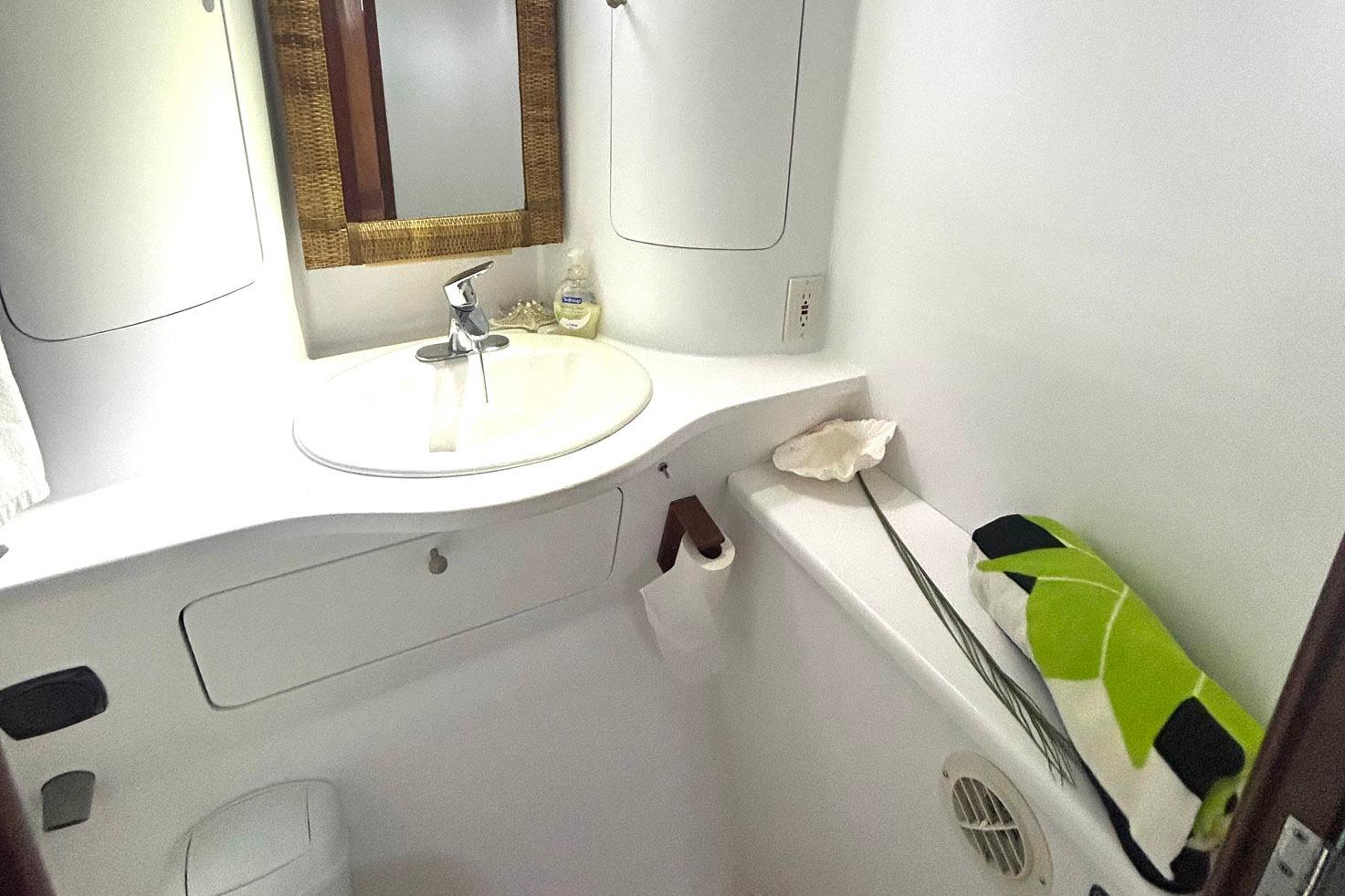 Bathroom interior of 2002 Custom 64 Stuart Catamarans with sink, mirror, and towel.