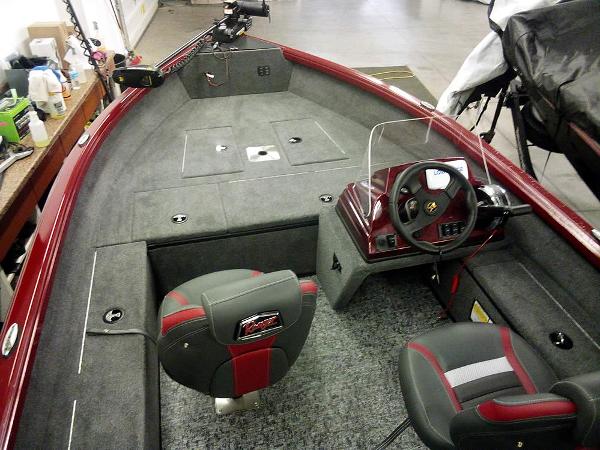 2025 Ranger VS1665 SC boat interior with red accents and modern steering console.