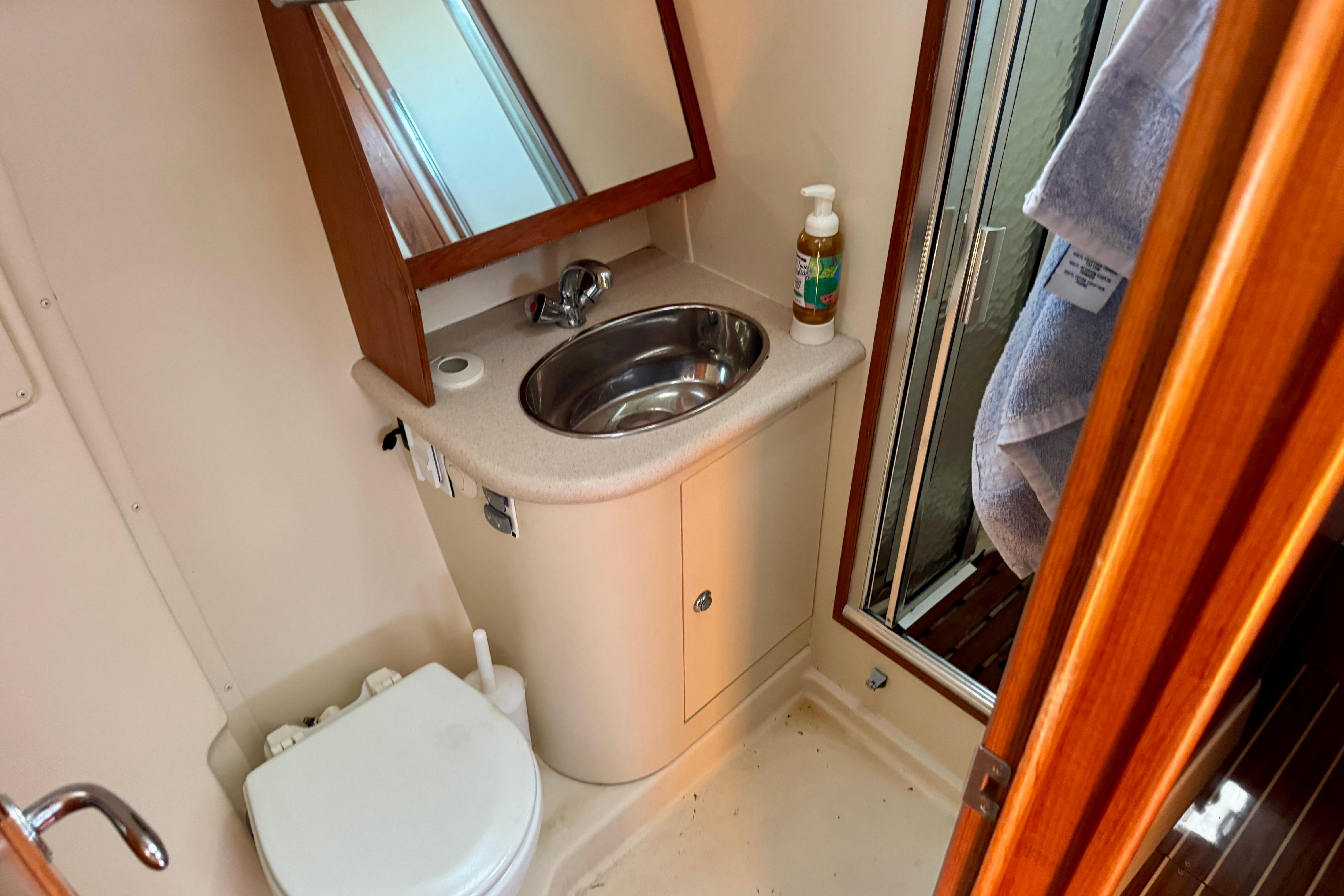 2007 Hunter 41 Deck Salon bathroom with sink, mirror, and shower.