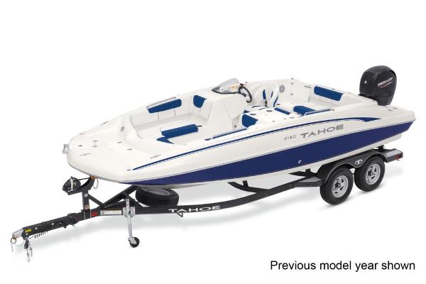 2022 Tahoe 2150 boat on trailer, white and blue design, side view.