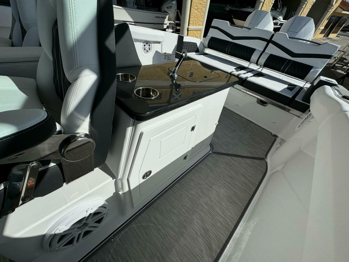2025 Monterey 30 ELITE boat interior with sleek seating and modern design.
