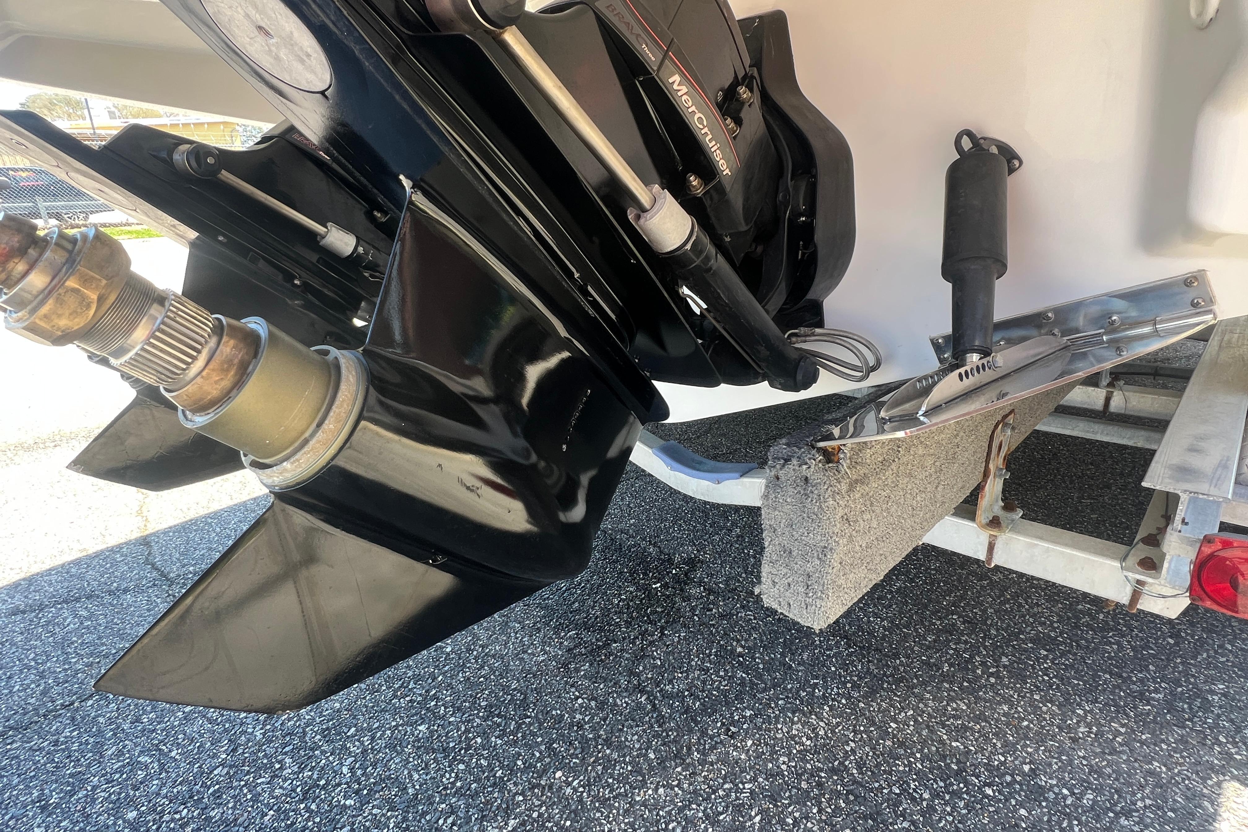 2017 Monterey 298SS Super Sport boat engine and propeller on trailer.