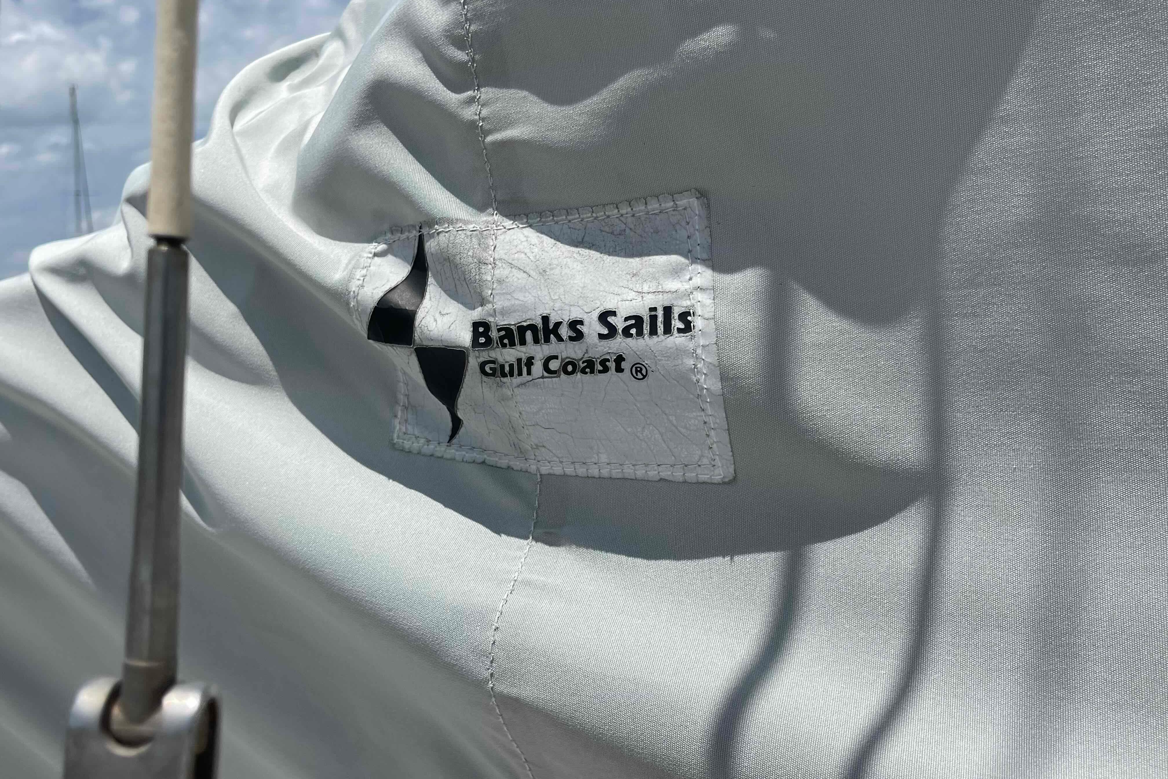 Sail cover with Banks Sails Gulf Coast logo on a 1987 Pacific Seacraft 34.