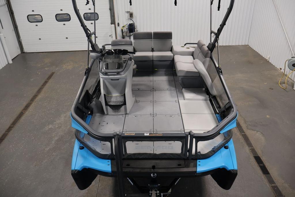 2023 Sea-Doo Switch Sport Compact pontoon boat interior with modular seating and helm.