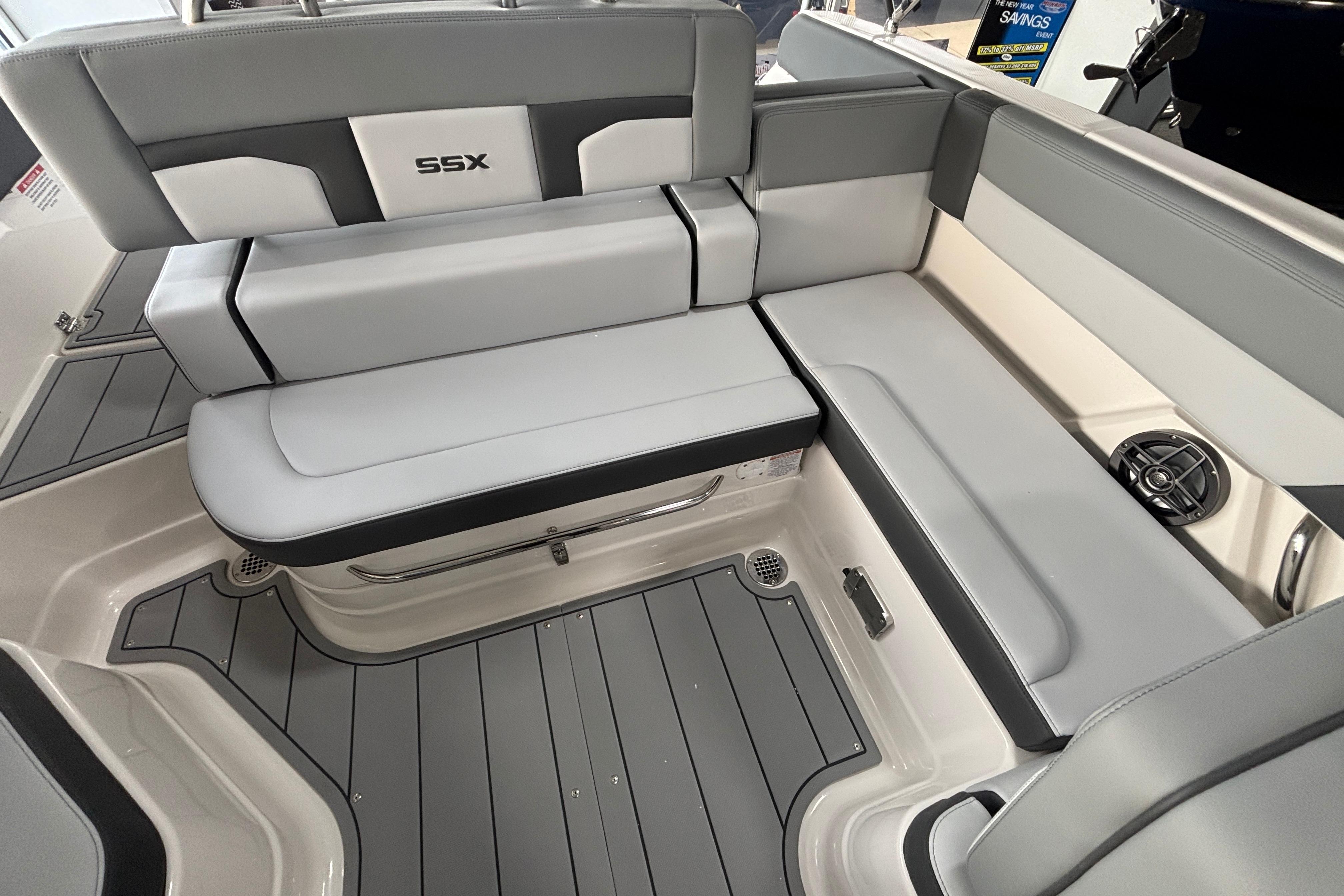 2026 Chaparral SSX 4 boat interior with sleek gray seating and modern design.