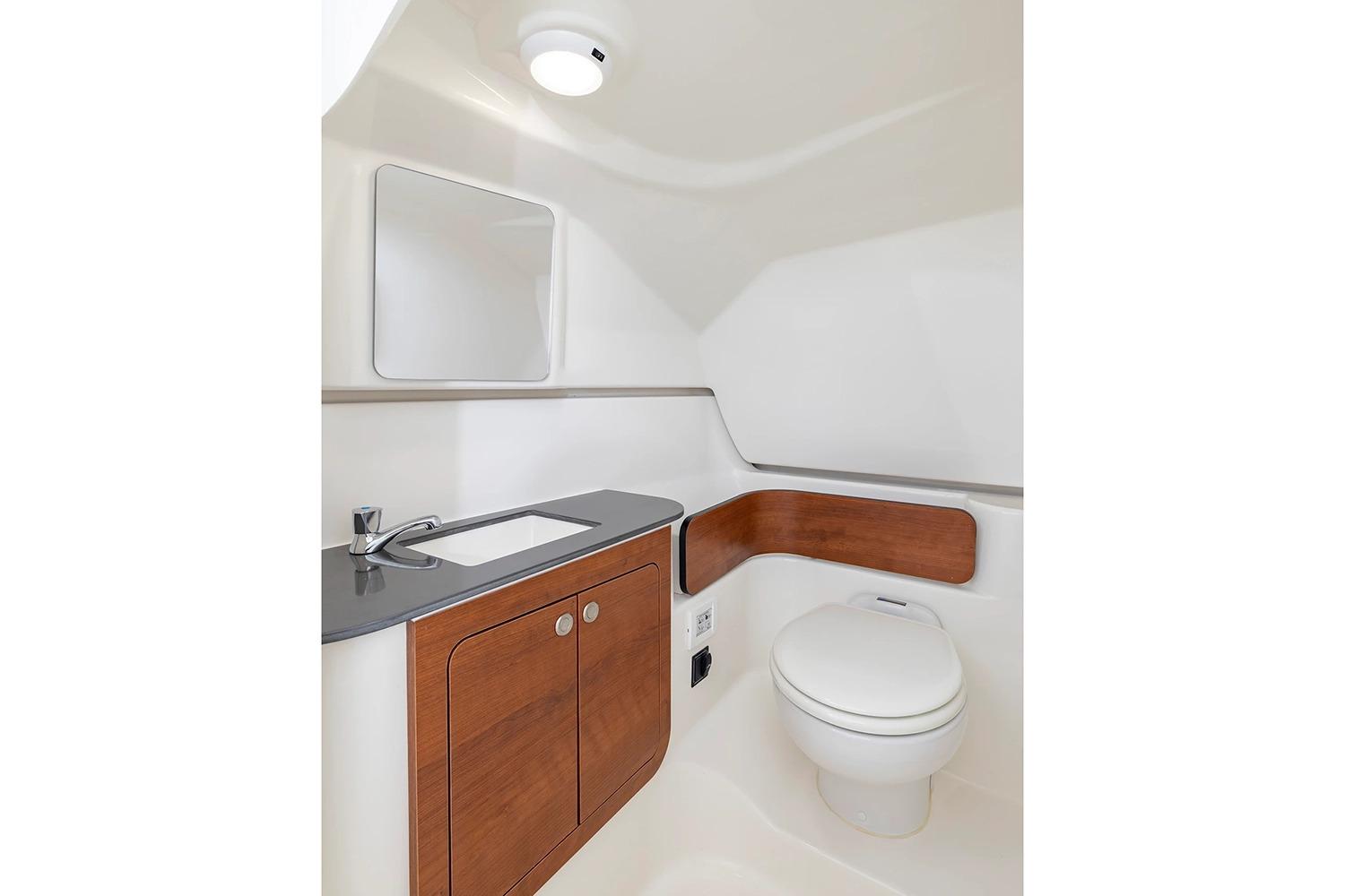 Manufacturer Provided Image: 2026 Pursuit DC 286 Dual Console boat bathroom with sink, mirror, and toilet.