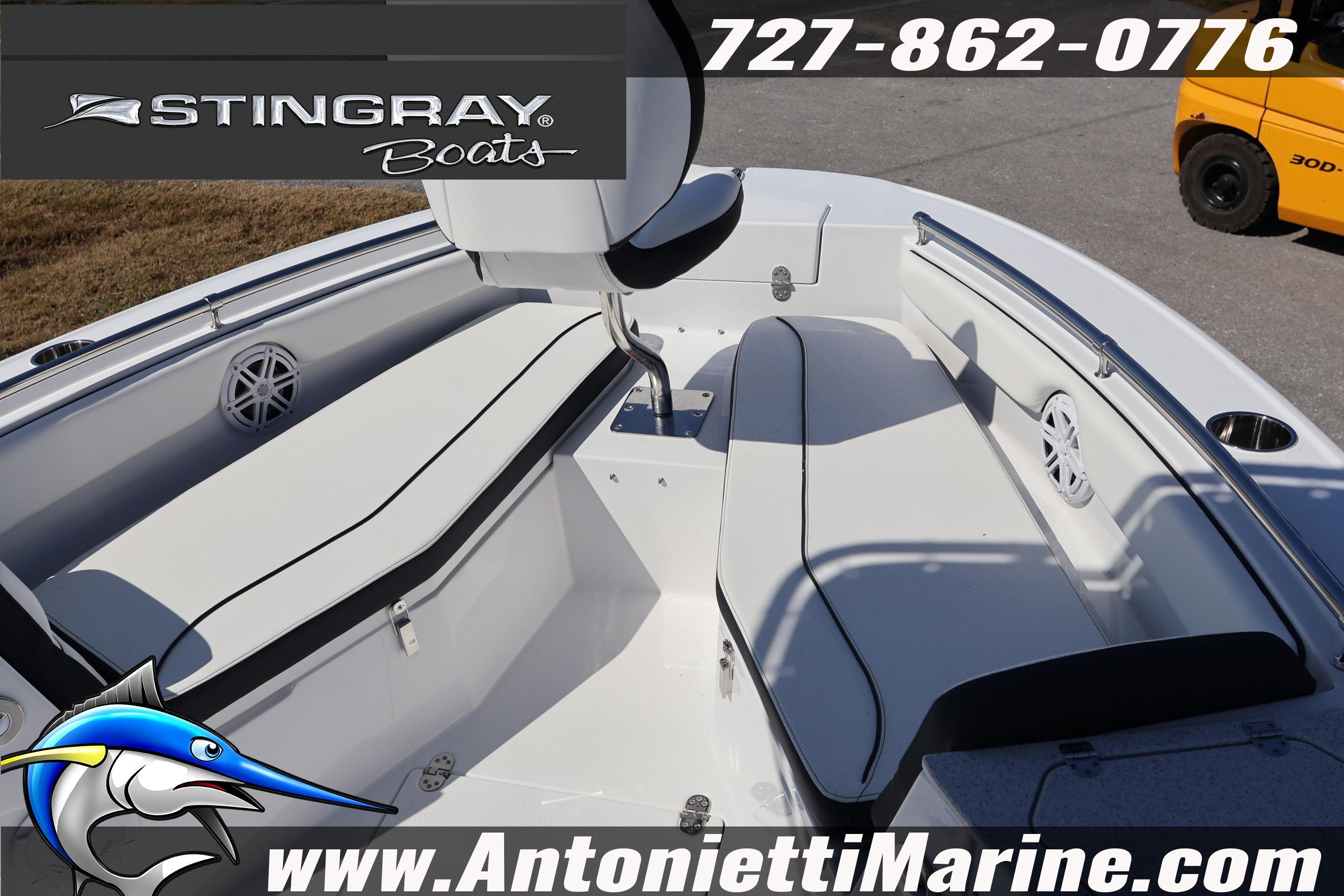 2026 Stingray 216 CC boat interior with seating, displayed by Antonietti Marine.