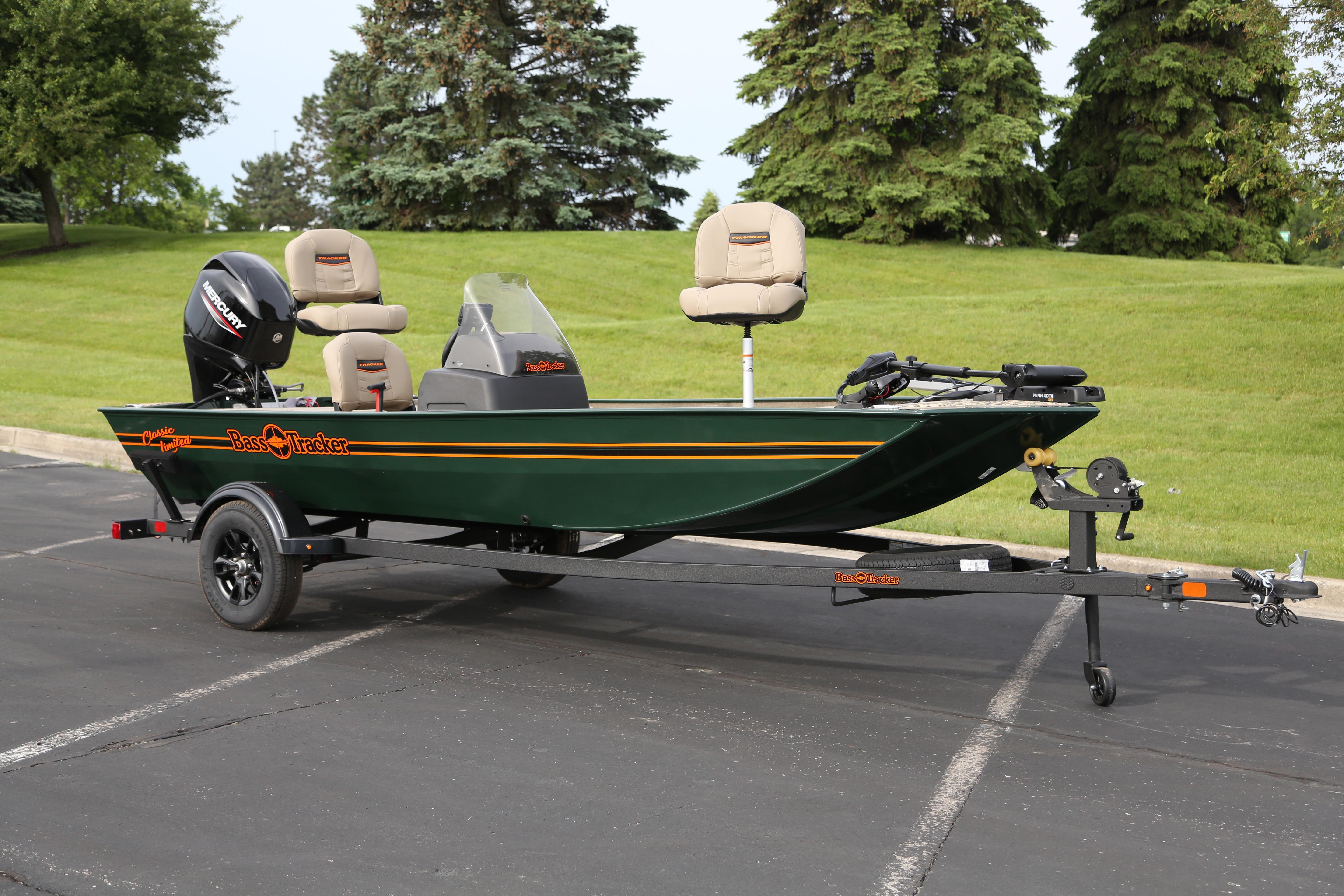 2026 Tracker Bass Tracker Classic Limited boat on trailer, parked outdoors.