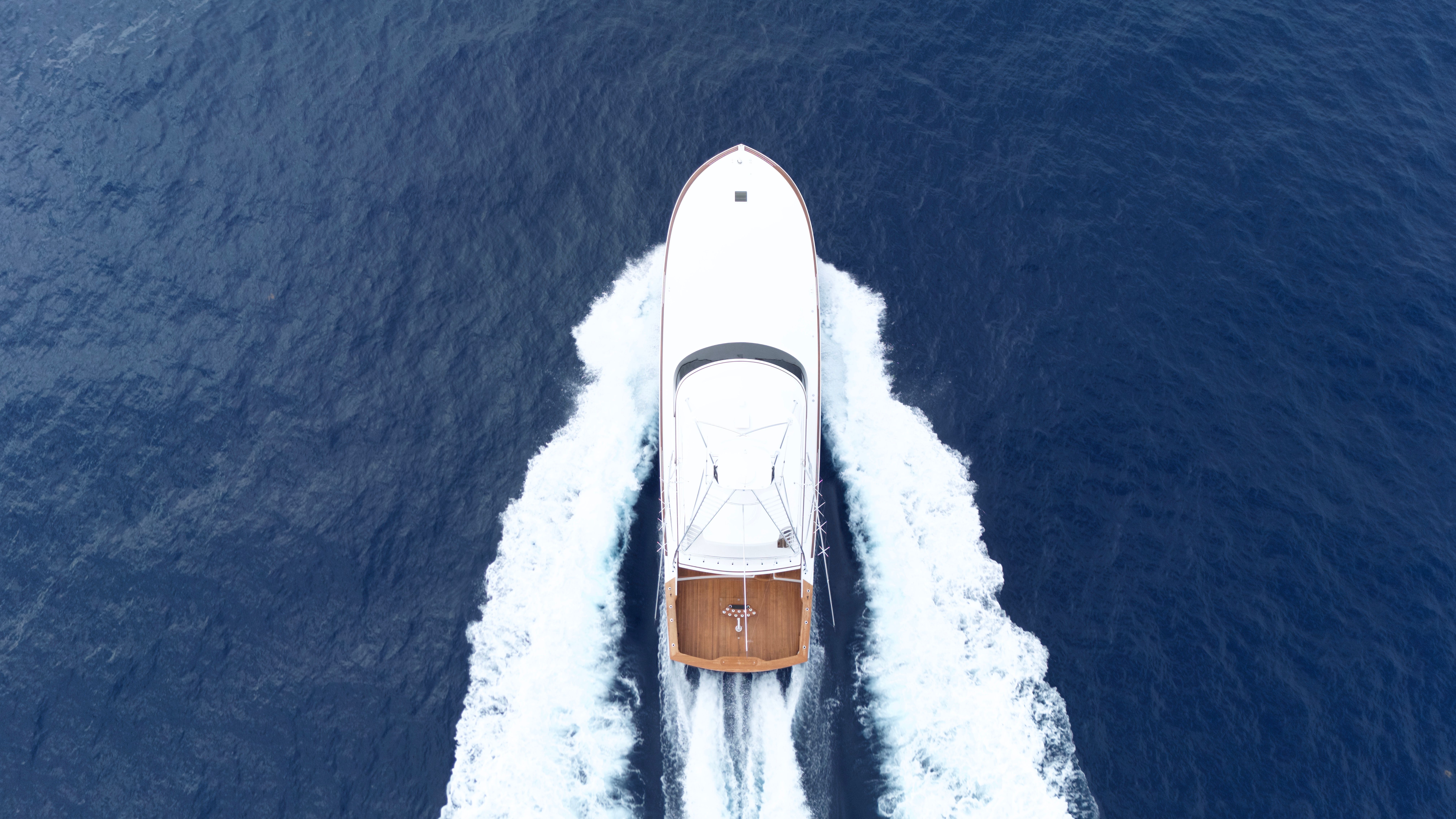 Aerial view of a 2025 Titan Yachts Sportfish on the ocean.