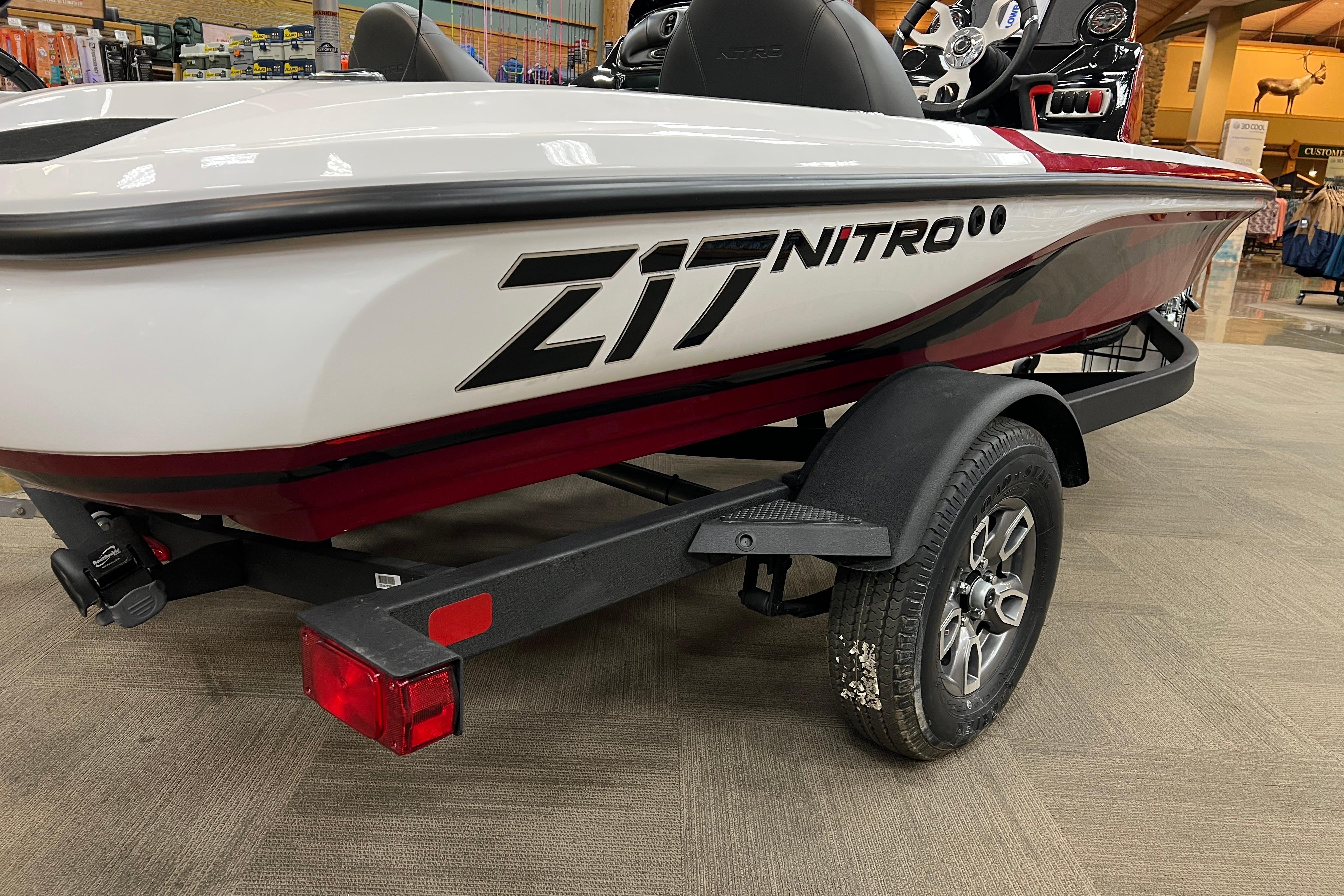 2026 Nitro Z17 boat on trailer, displayed indoors with visible branding.