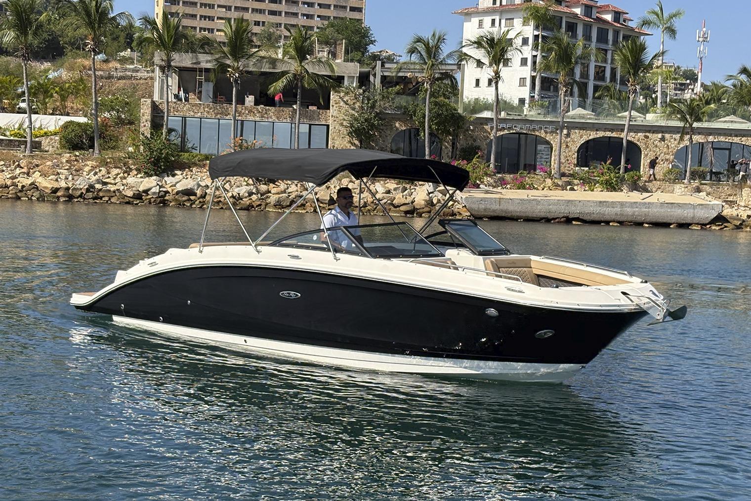 2018 Sea Ray SDX 270 boat cruising near a scenic waterfront with palm trees.