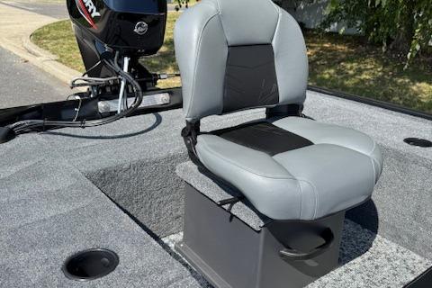 2026 Tracker Panfish 17 boat seat with Mercury motor in background.