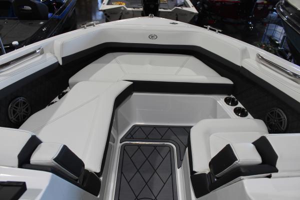 2025 Cobalt R6 boat interior with sleek white seating and modern design.
