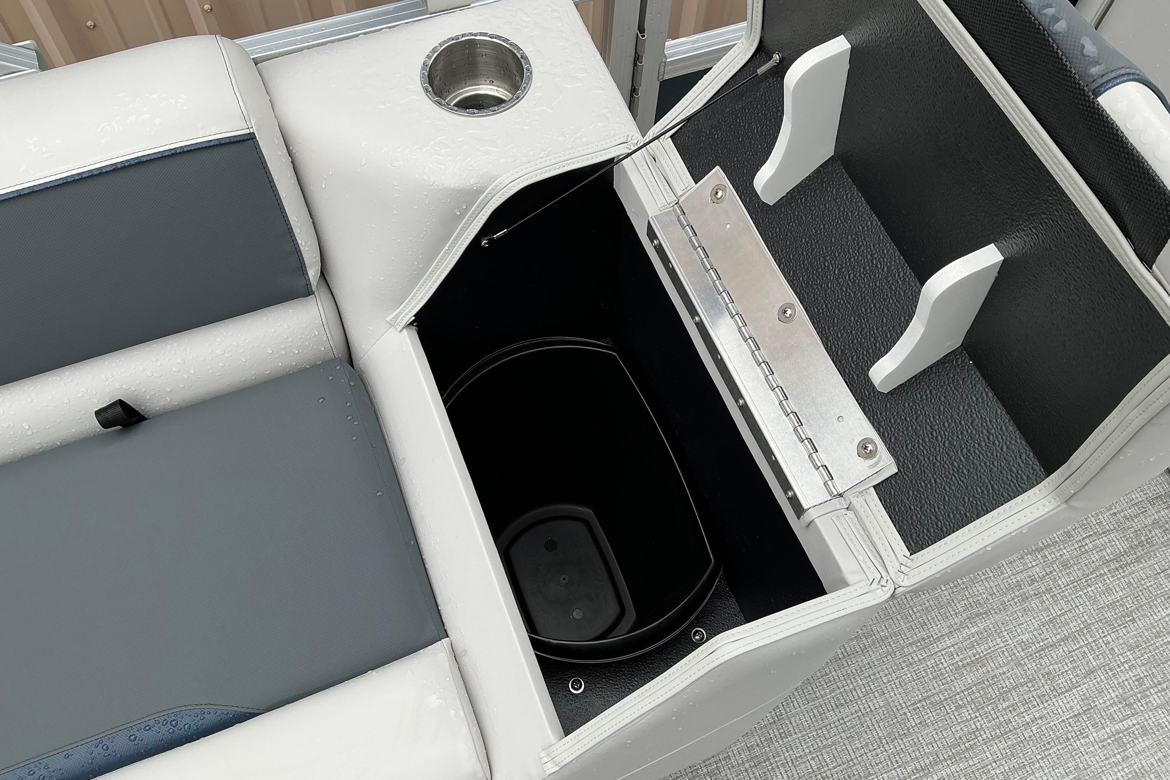 Avalon Venture Quad Lounge 2026 boat seat with storage compartment and cup holder.