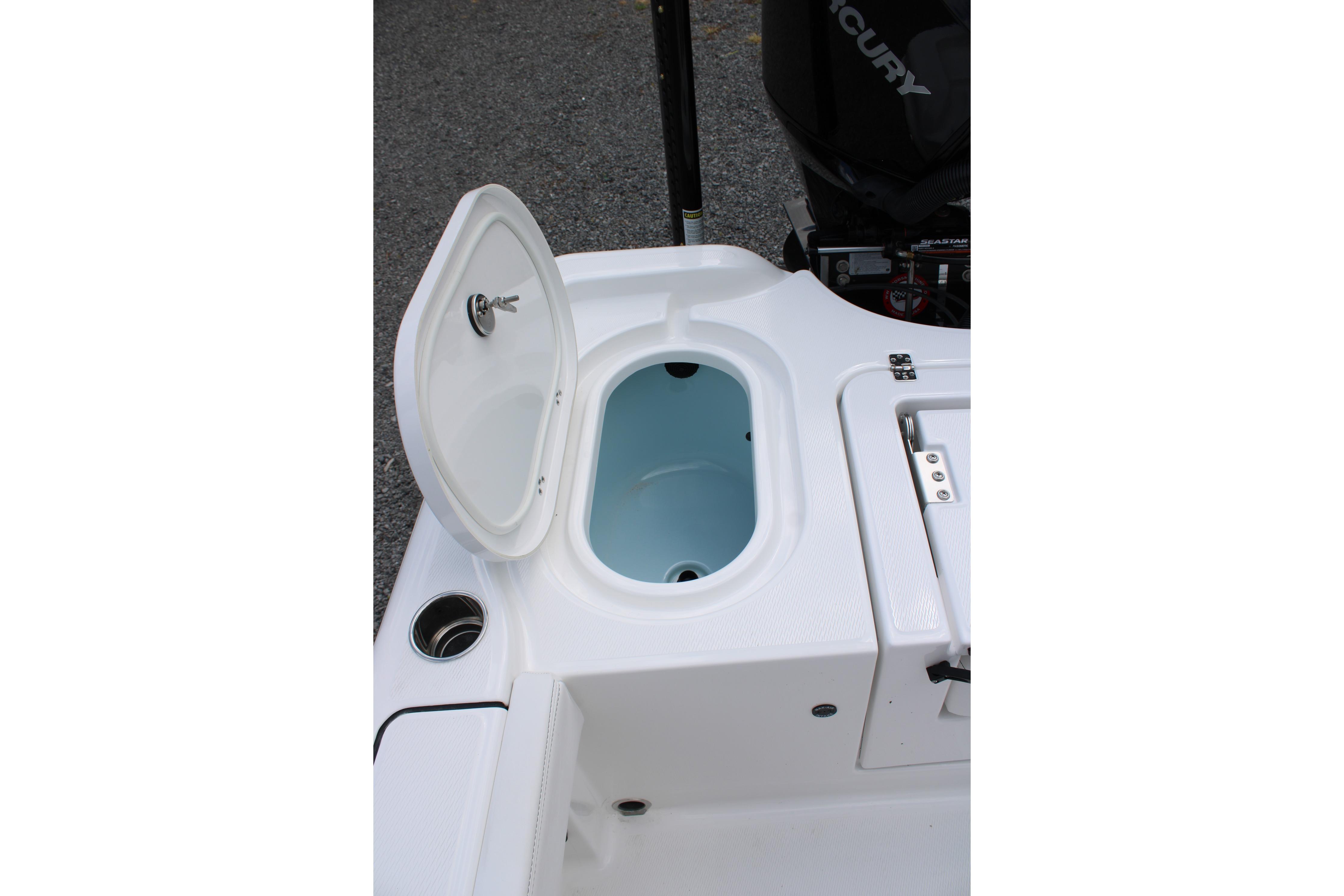 Open storage compartment on 2027 Blazer Bay Makaira 2800 boat.