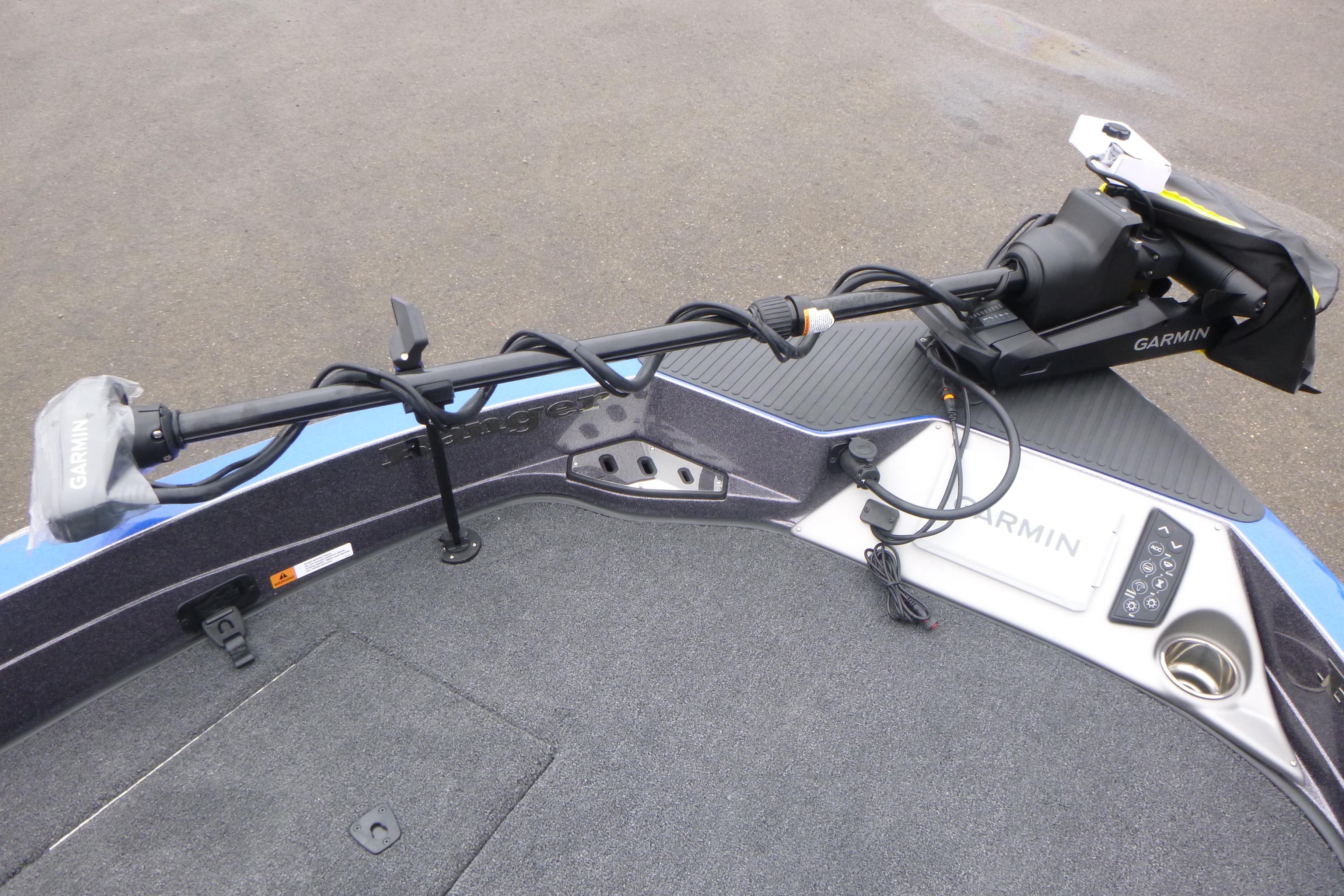 2026 Ranger 620FS Cup Equipped boat with Garmin trolling motor on deck.