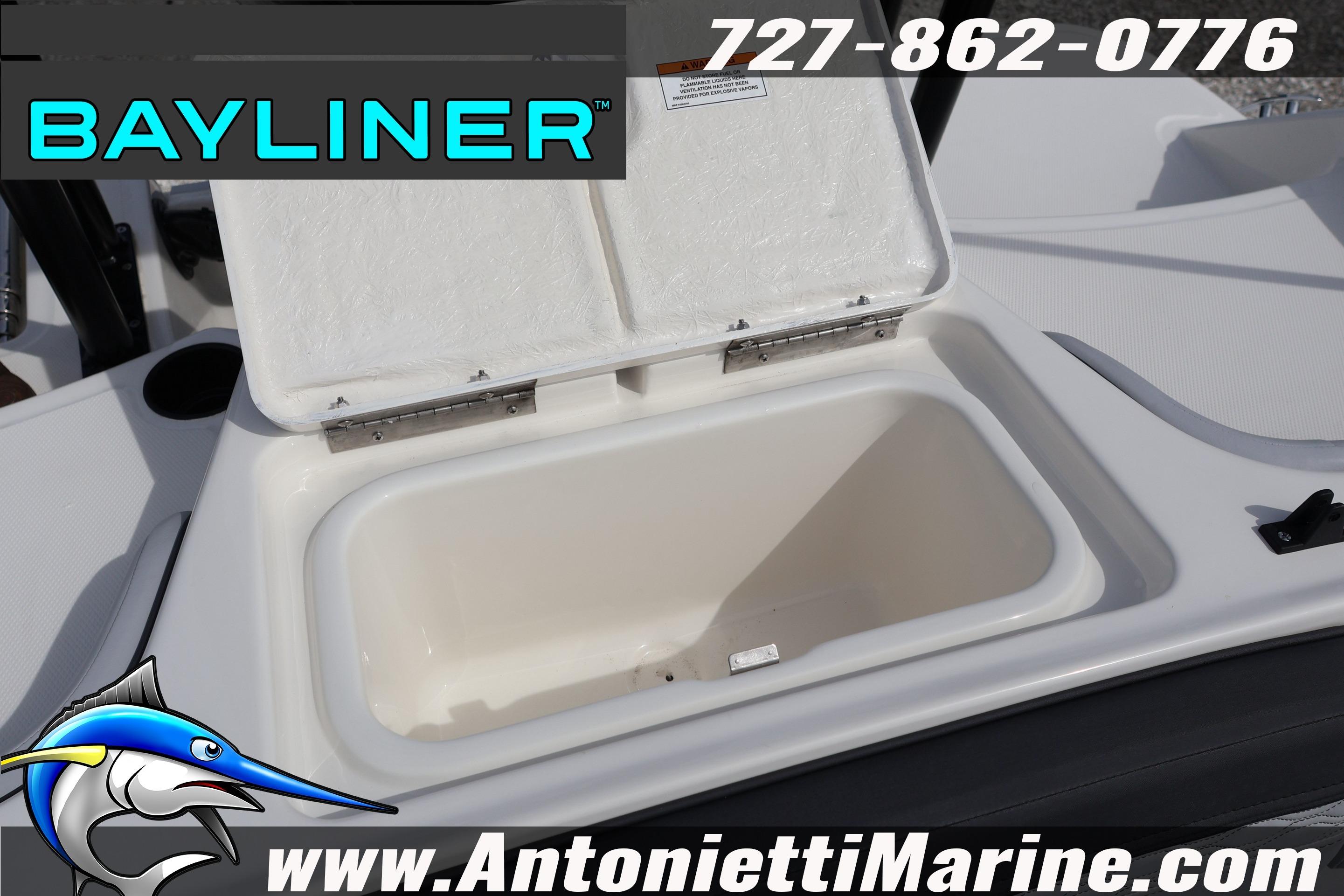 Open storage compartment on 2026 Bayliner Element M17 boat, featuring Antonietti Marine branding.