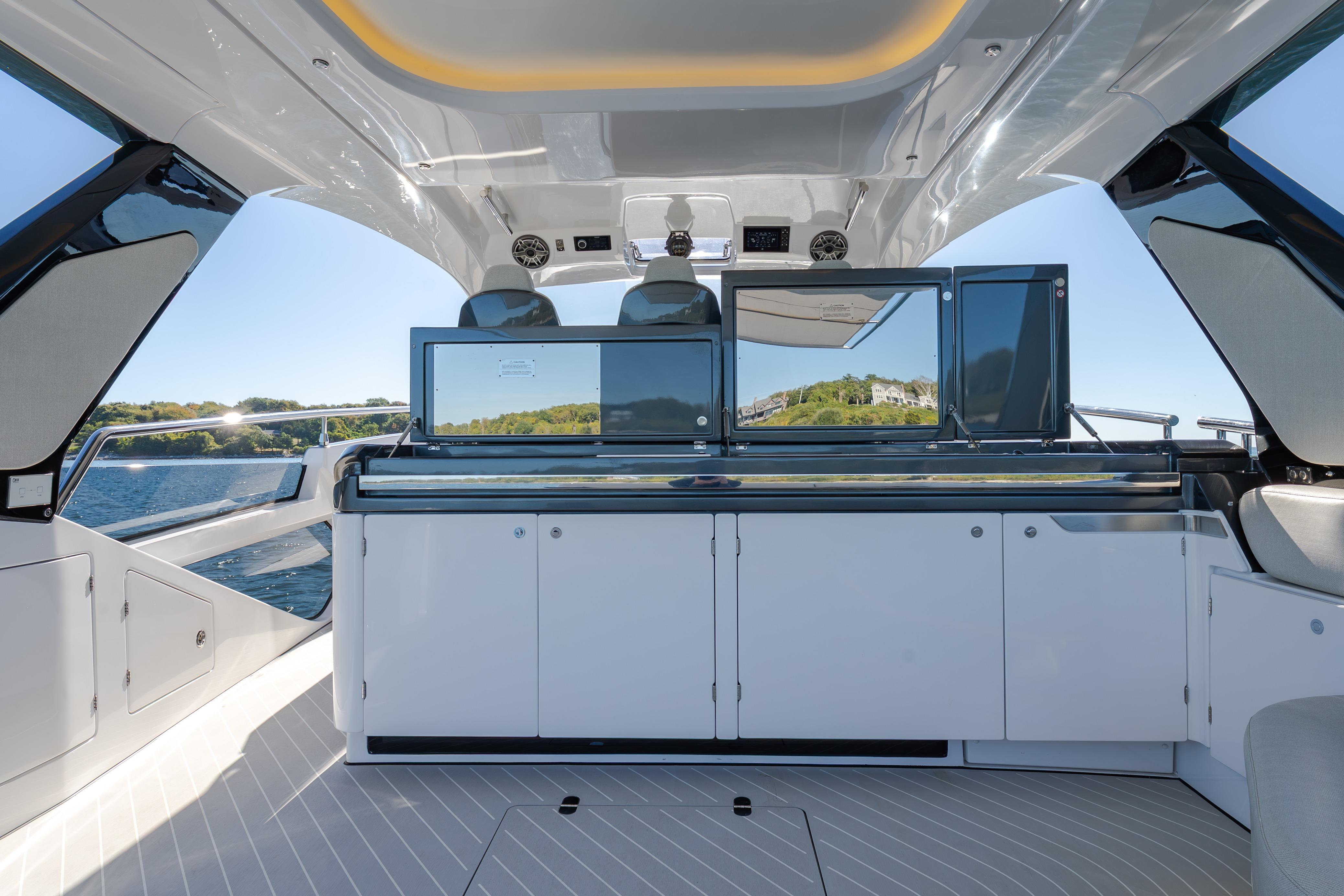 Luxurious interior of 2023 Azimut Verve 47 yacht with sleek design and modern amenities.