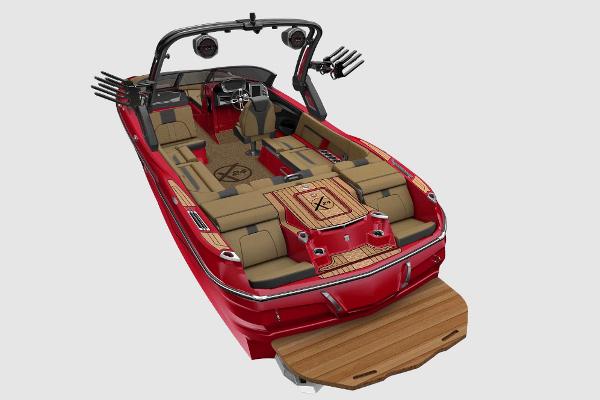 Manufacturer Provided Image: 2023 MasterCraft X24 boat, red exterior, luxurious tan interior, advanced wakeboard tower.