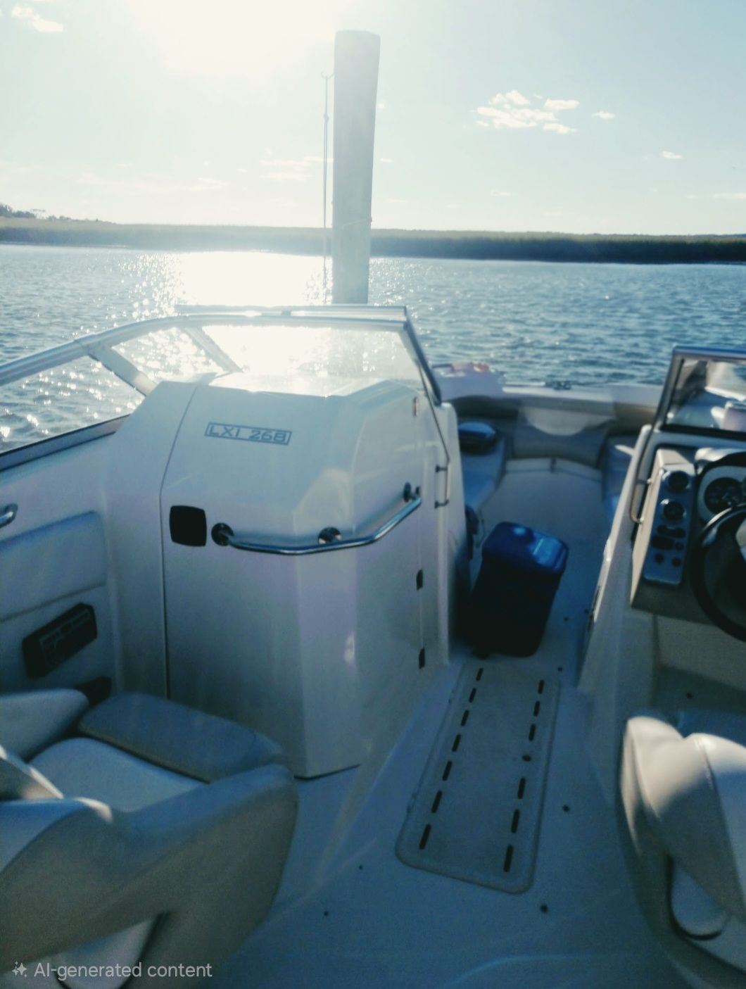 Interior of a 2007 Larsen LXi 268 boat on the water.