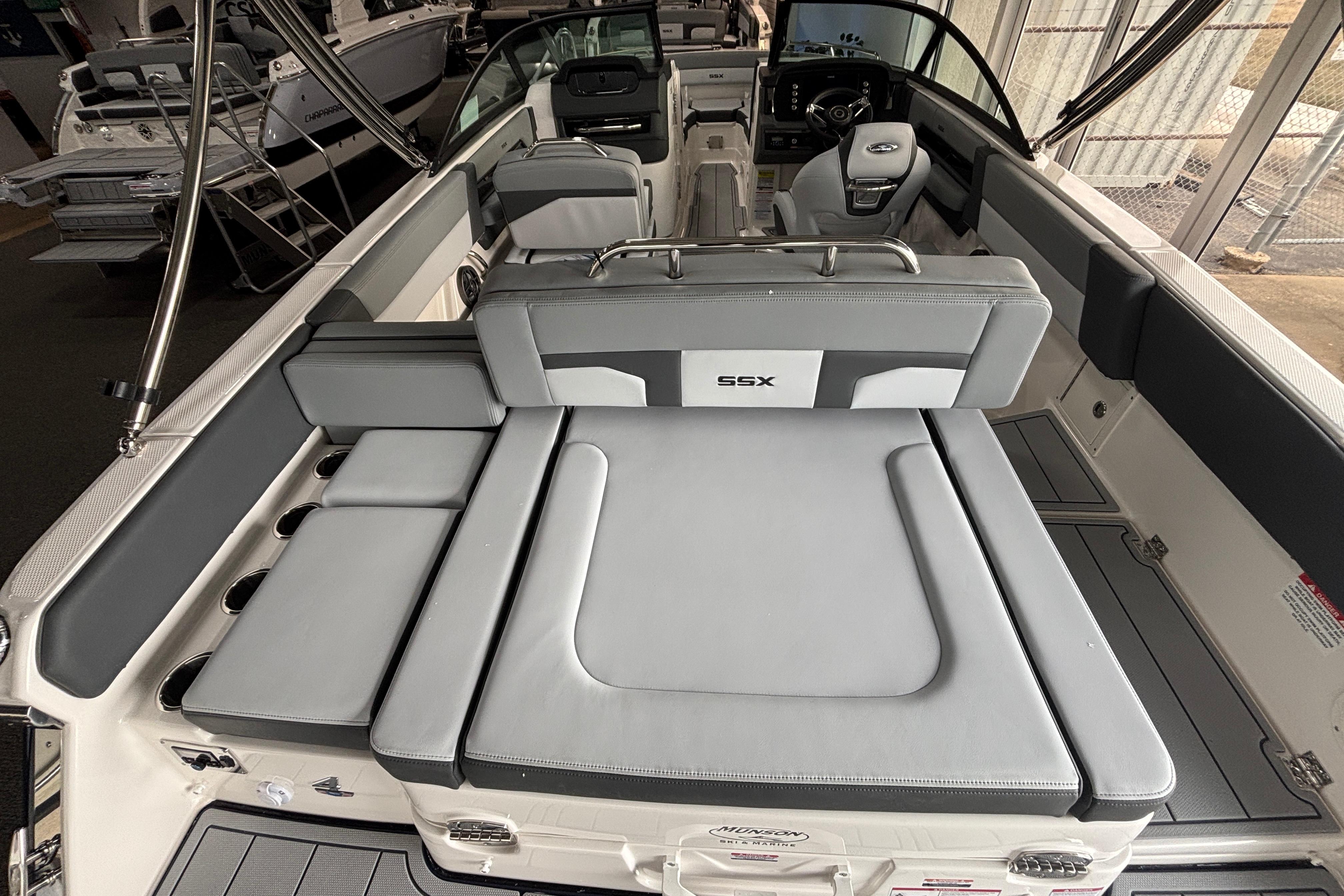 2026 Chaparral SSX 4 boat interior with gray seating and modern design.