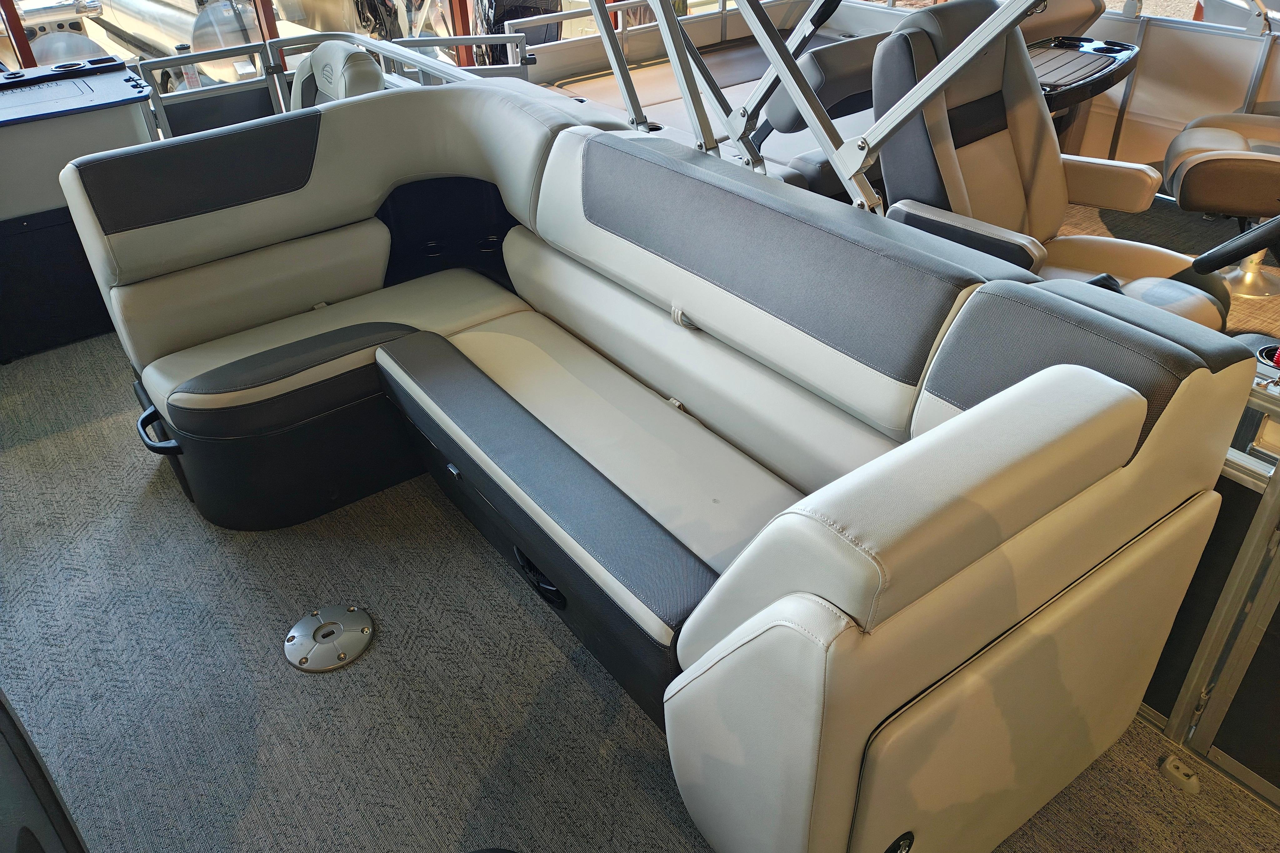 Interior seating of 2026 Sun Tracker Fishin' Barge 22 XP3 pontoon boat.