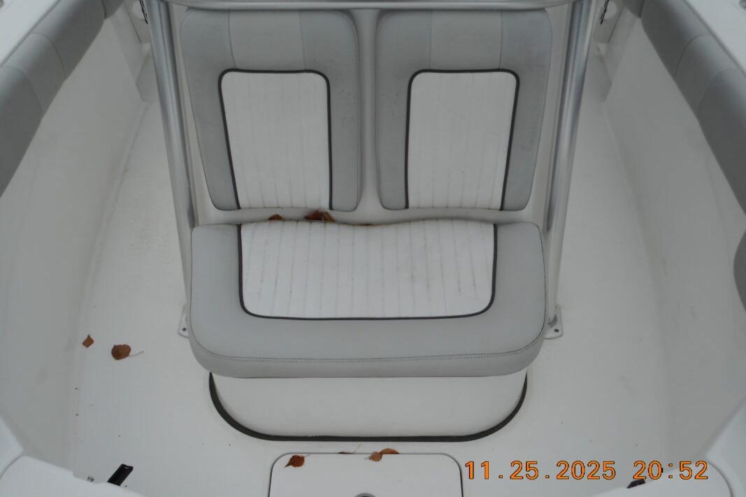 White cushioned seating on 2021 Sea Fox 228 Commander boat, with scattered leaves.