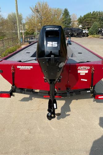 2025 Tracker Panfish 17 boat with Mercury 25 outboard motor, red exterior.