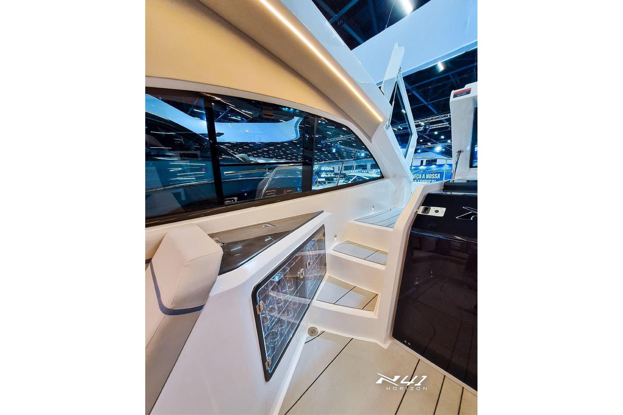 Interior view of 2025 NX Boats NX41 HORIZON, showcasing sleek design and modern features.